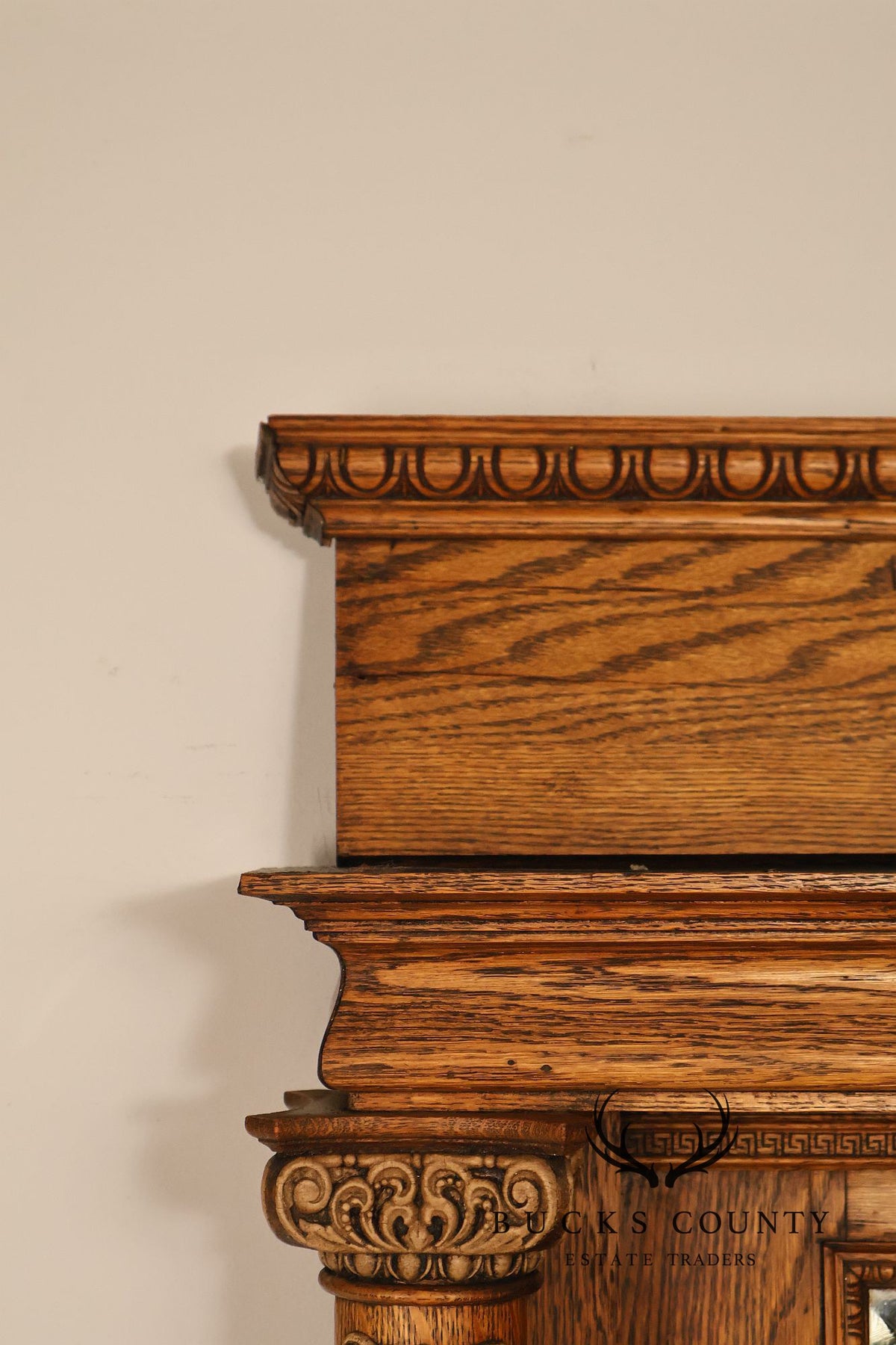 Antique C.B. Atkin Company Victorian Oak Mirrored Fireplace Mantel