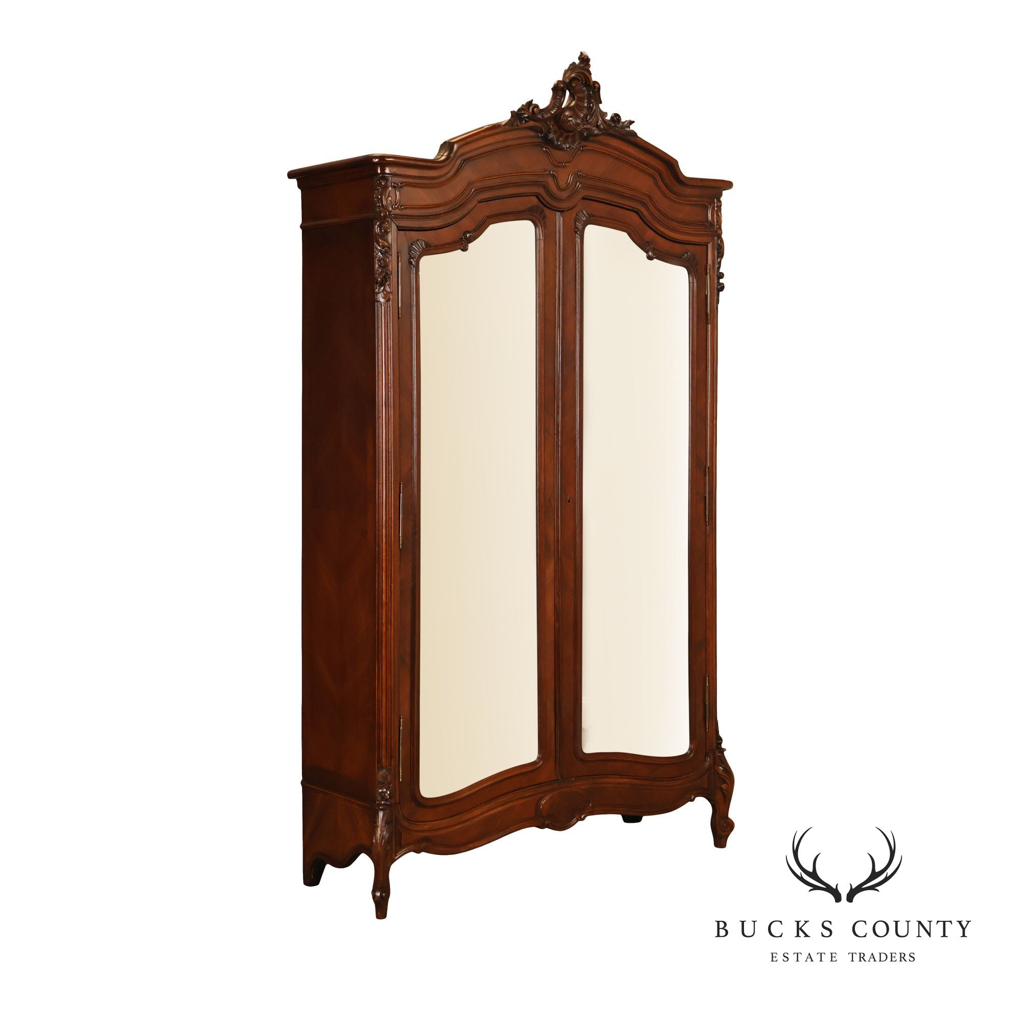 French Louis XV Style Antique Carved Mahogany Mirrored Armoire