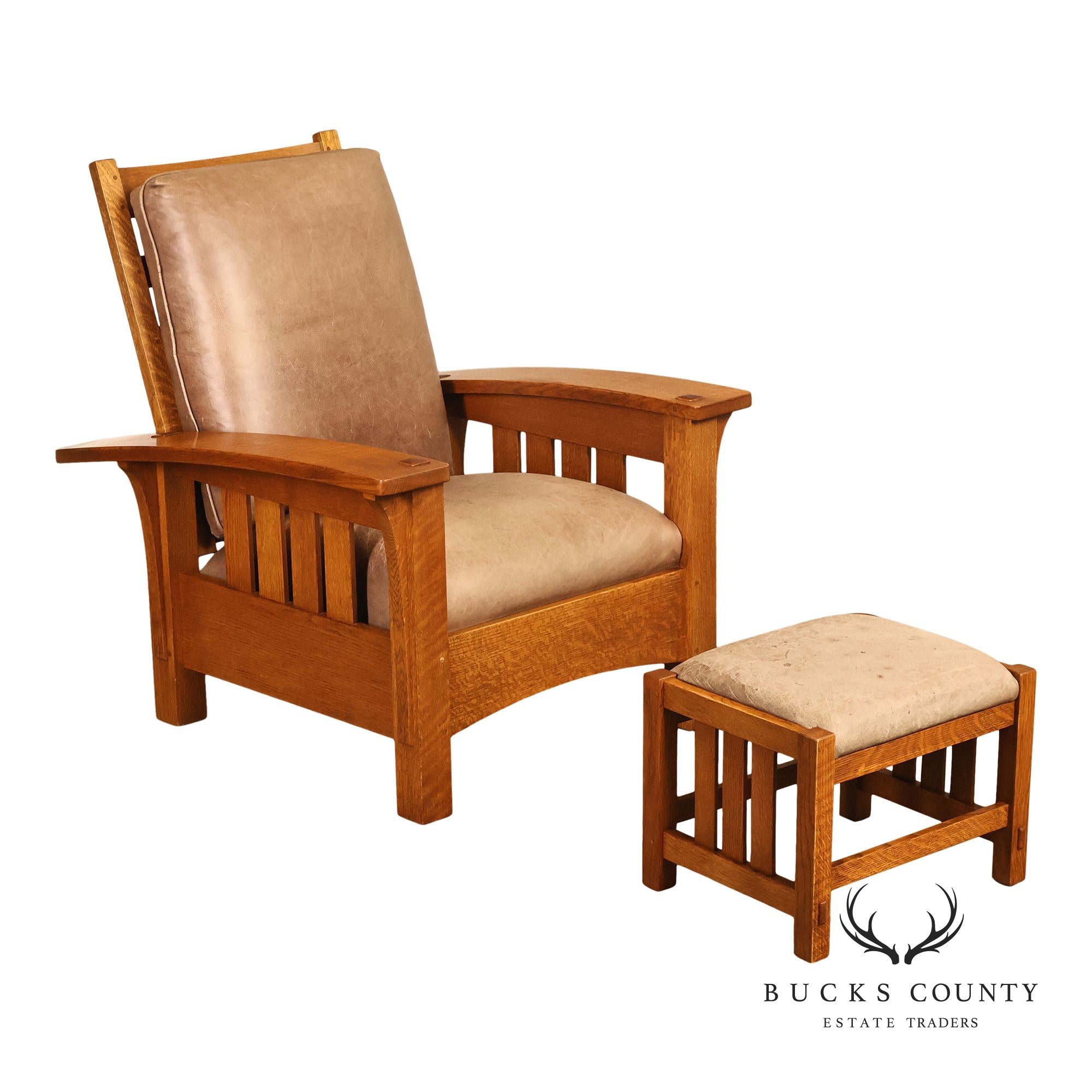 Stickley Mission Collection Oak And Leather Morris Chair With Ottoman
