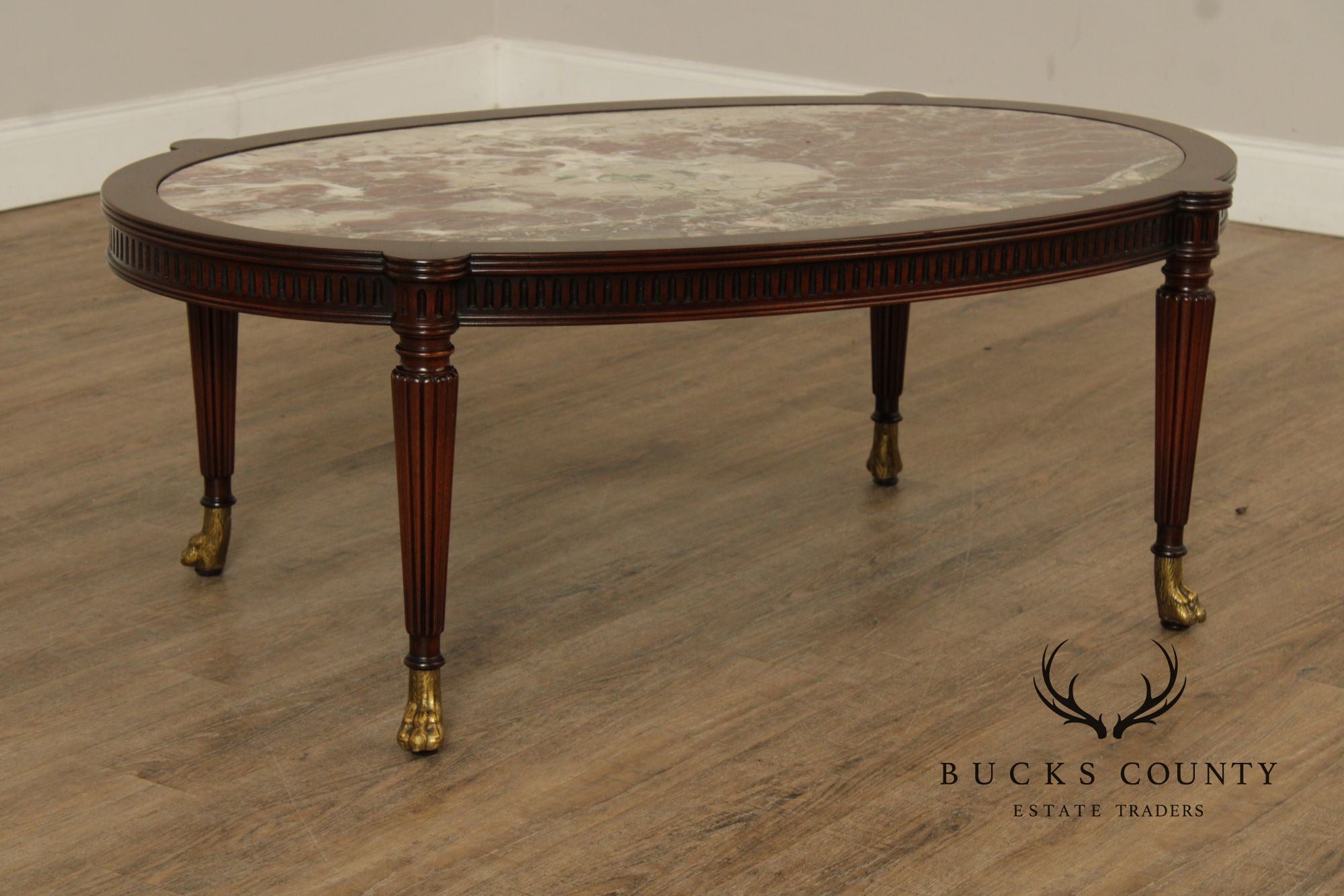 1940's Custom Regency Style Marble Top Mahogany Coffee Table