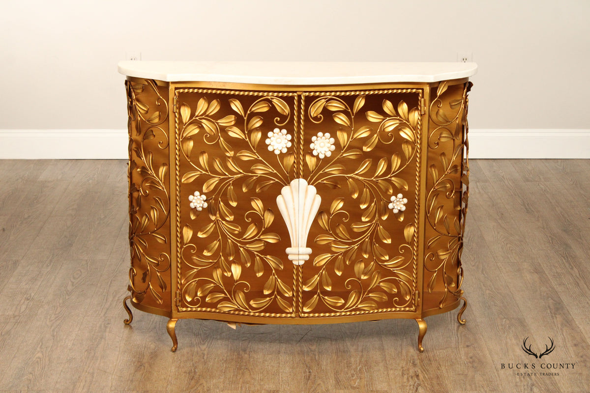 Italian Hollywood Regency Marble Top Floral Console Cabinet