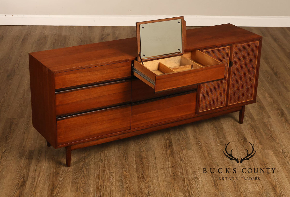 Calvin Mid Century Modern Cane Door Teak Dresser