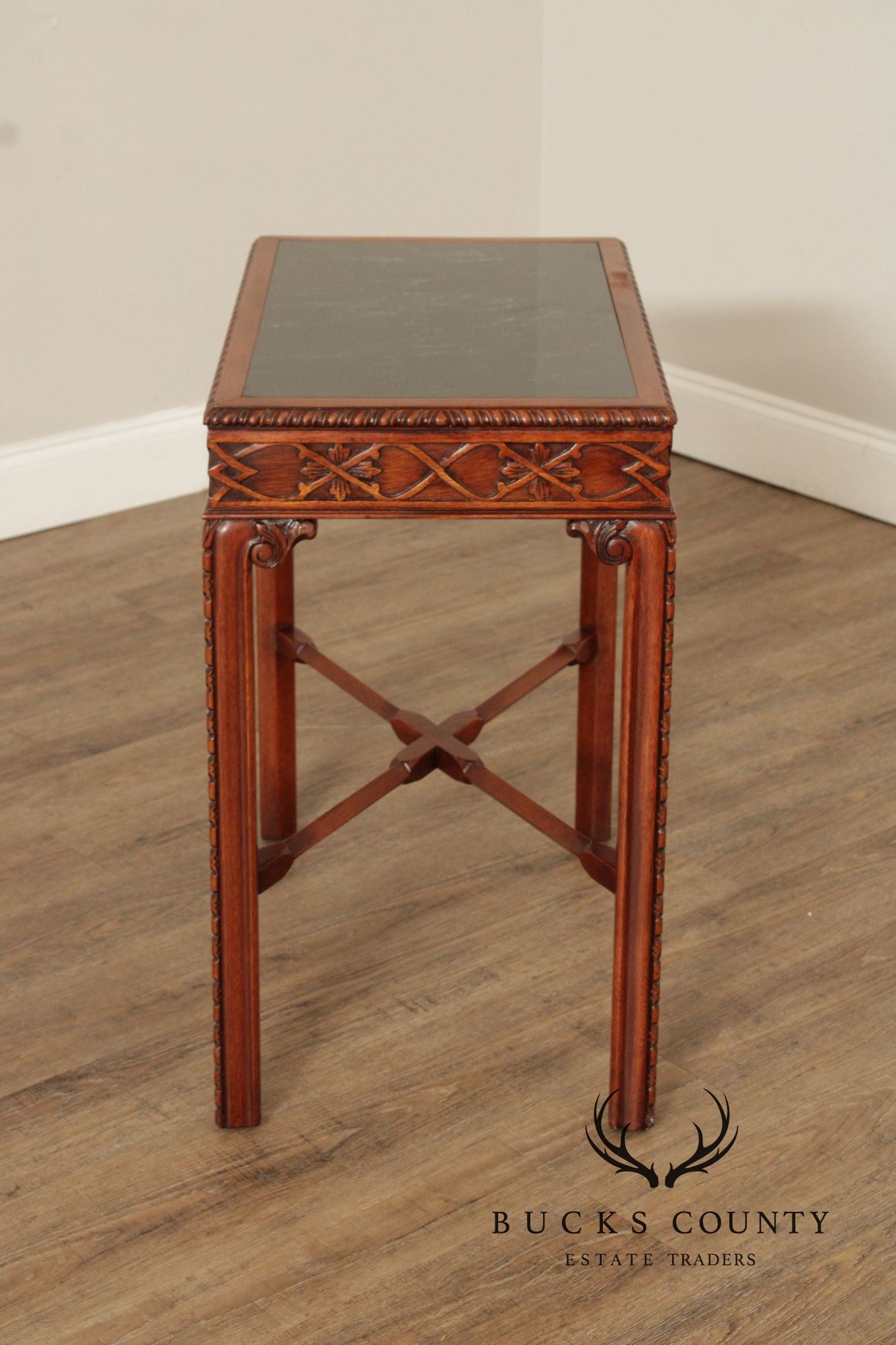 Chinese Chippendale Style Marble Top Mahogany Accent Table