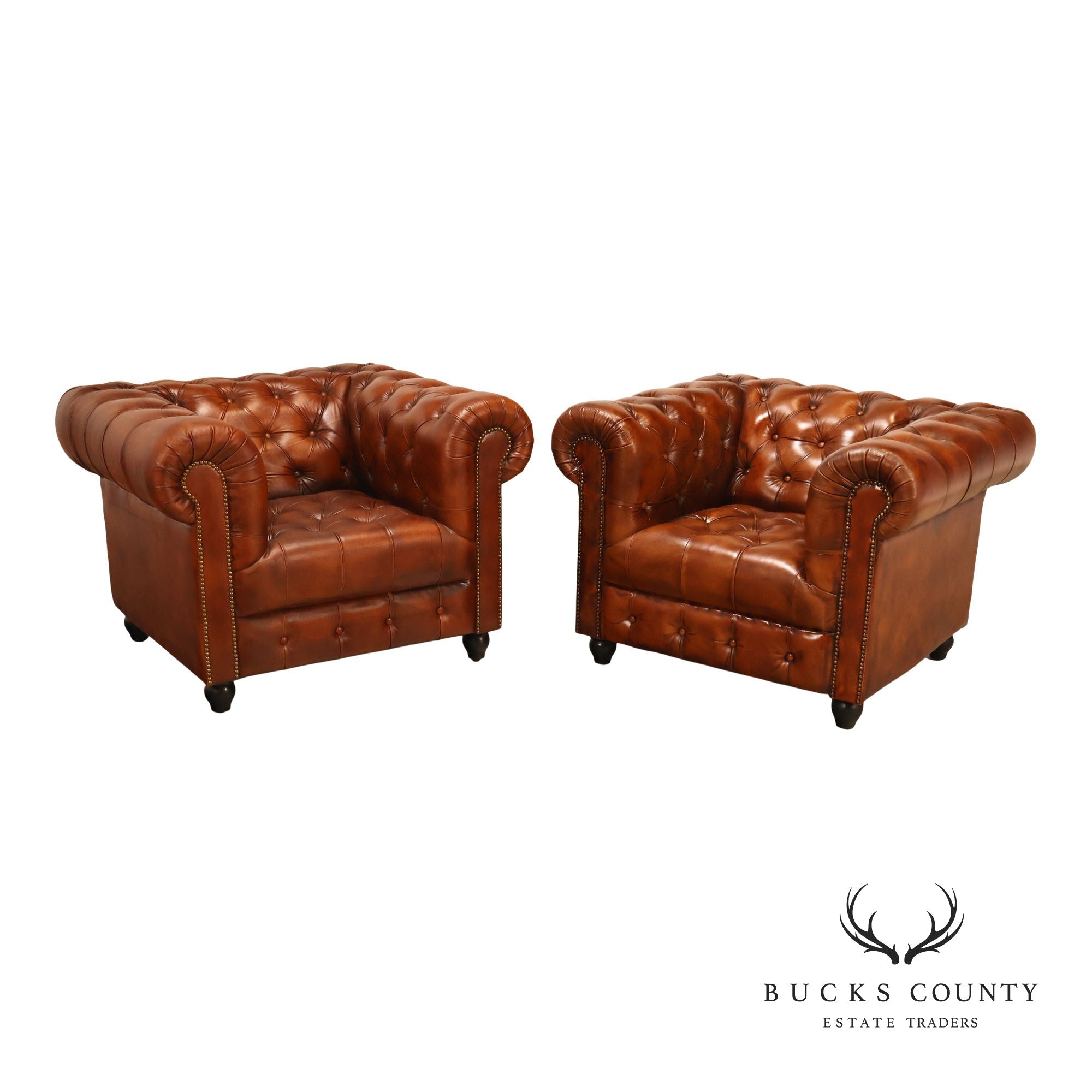 Chesterfield Style Pair of Brown Leather Club Chairs