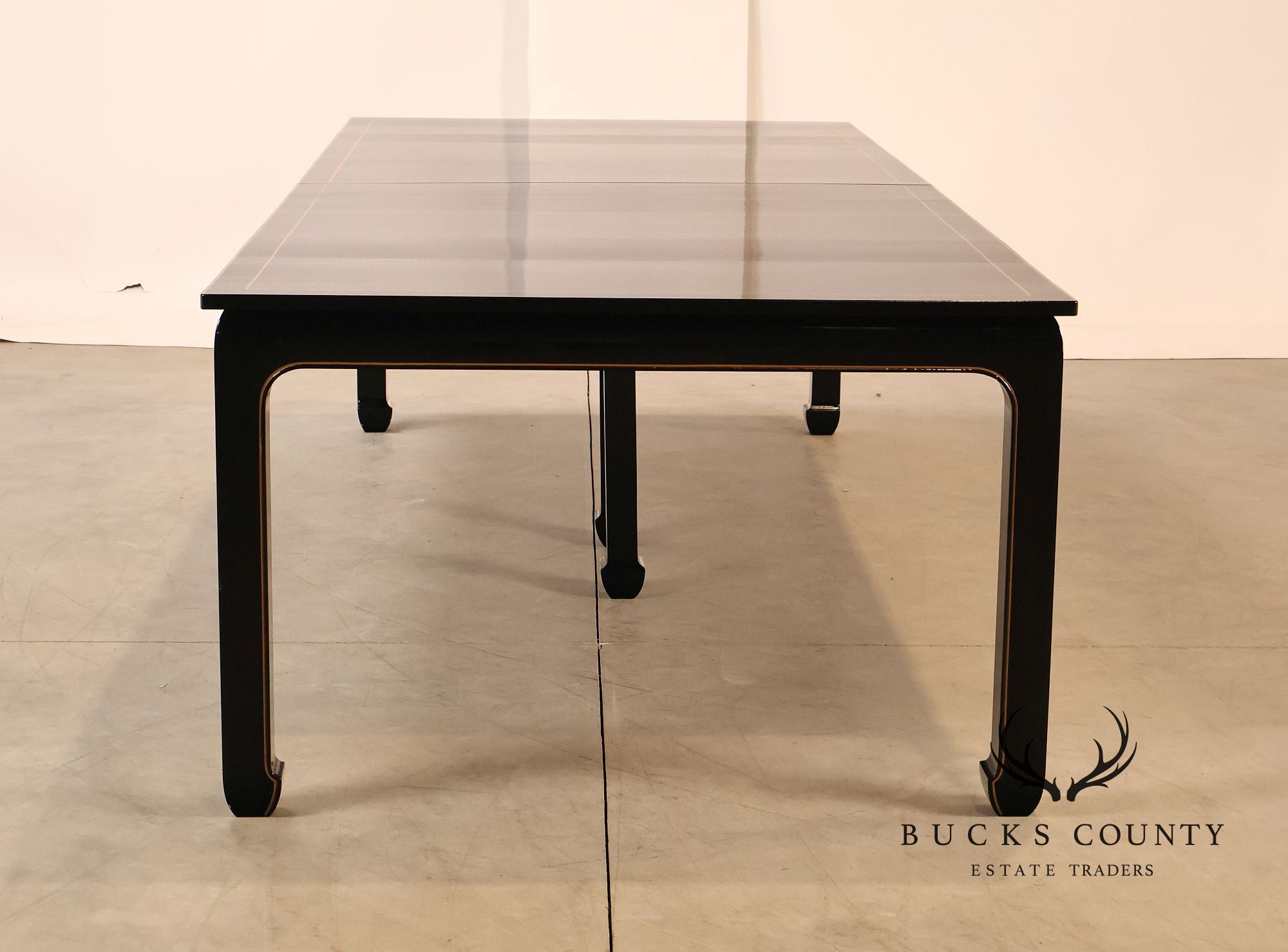 Custom Black Lacquered 12 Foot Extendable Dining Table With Gold Line Inlay