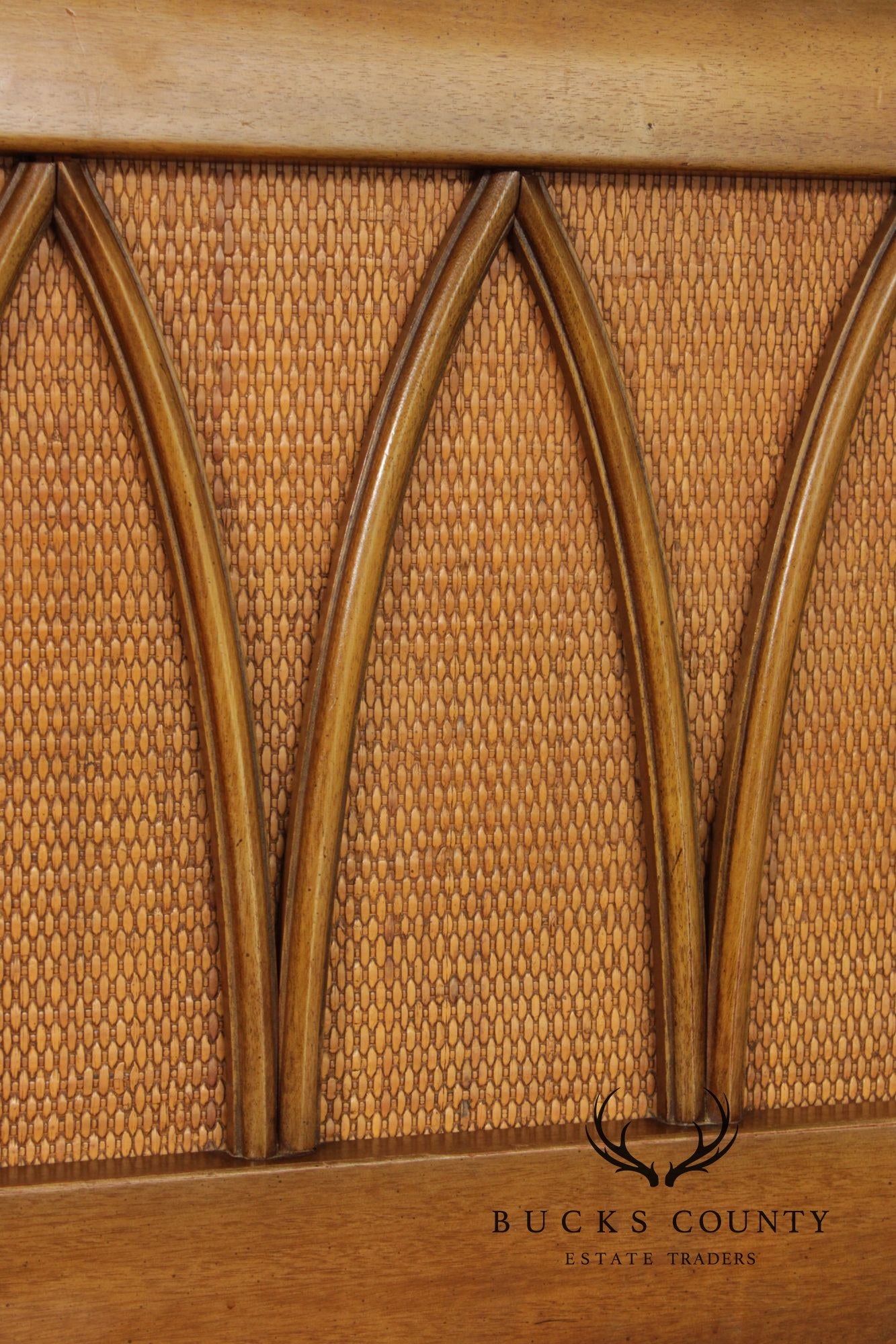 Mid Century Modern Walnut and Rattan Full-Size Headboard