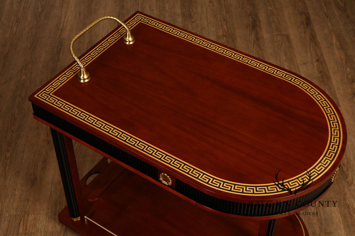 Neoclassical Style Mahogany And Ebonized Bar Cart With Greek Key Inlay And Brass Accents