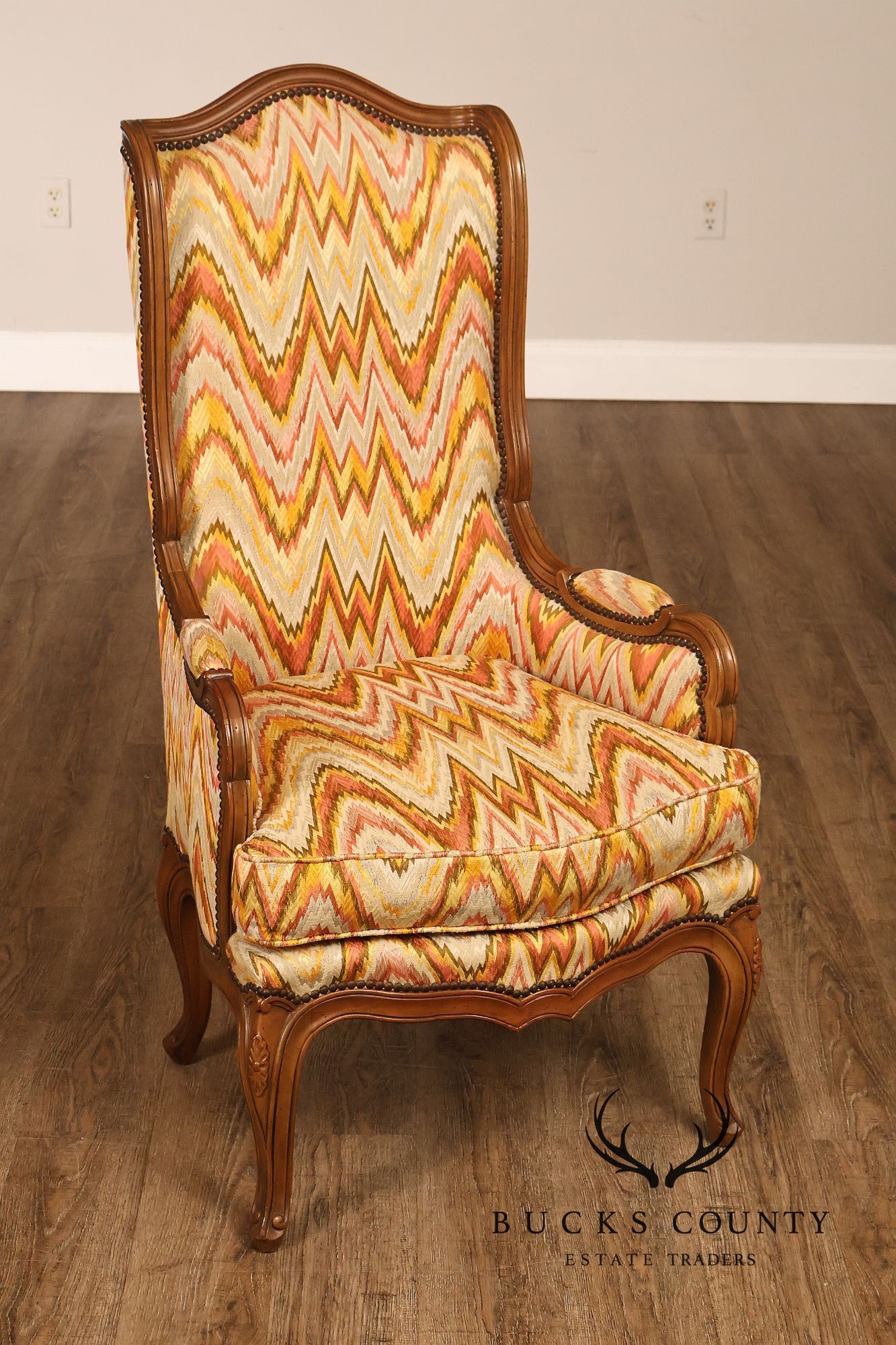 Baker Furniture French Style High Back Upholstered Wingback Armchair with Nailhead Trim