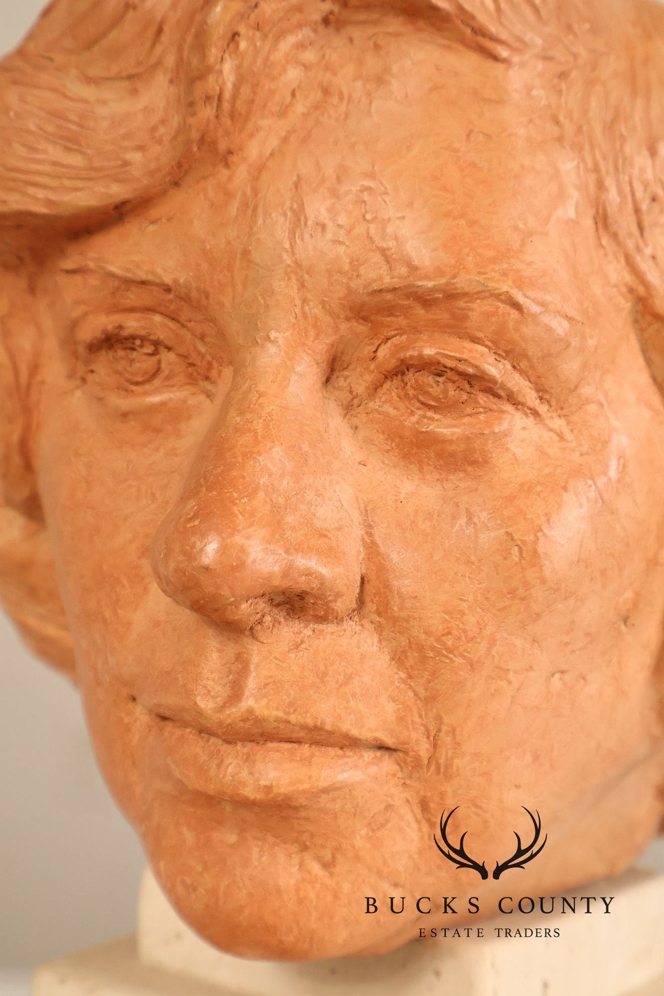 Contemporary Terracotta Female Portrait Bust Sculpture On Travertine Pedestal Base