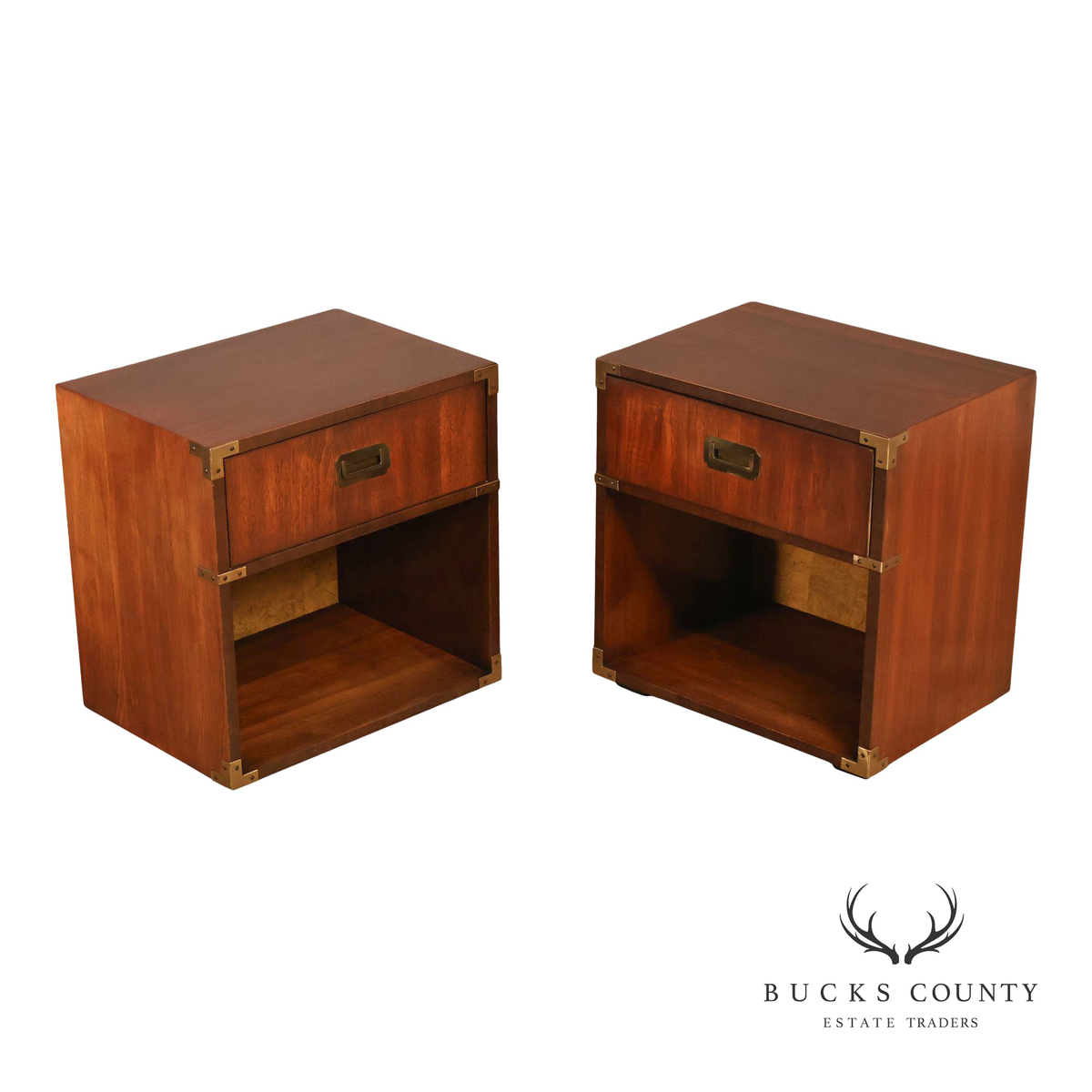 Lane Mid Century Modern Pair Of Walnut Campaign Style Nightstands