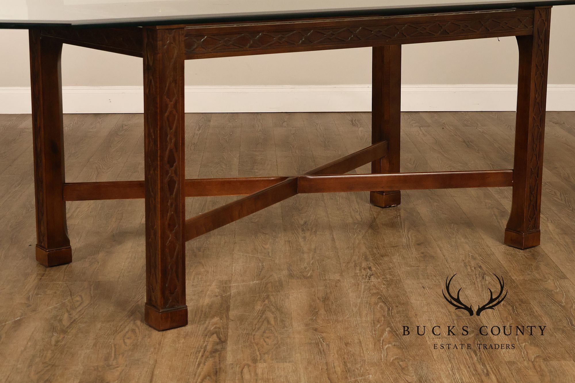 Chinese Chippendale Style Glass Top Mahogany Dining Table