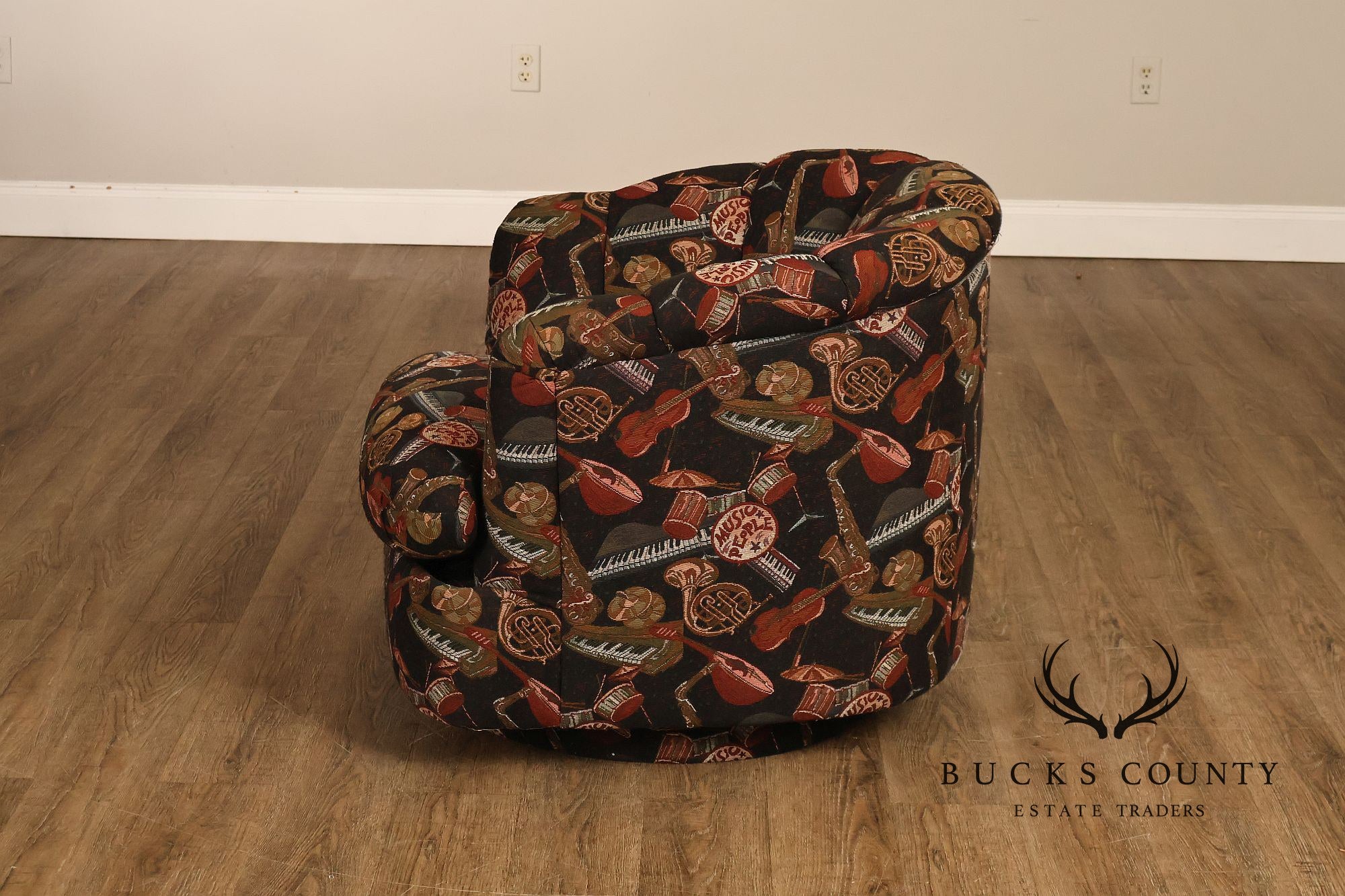 Custom Pair of Upholstered Swivel Club Chairs