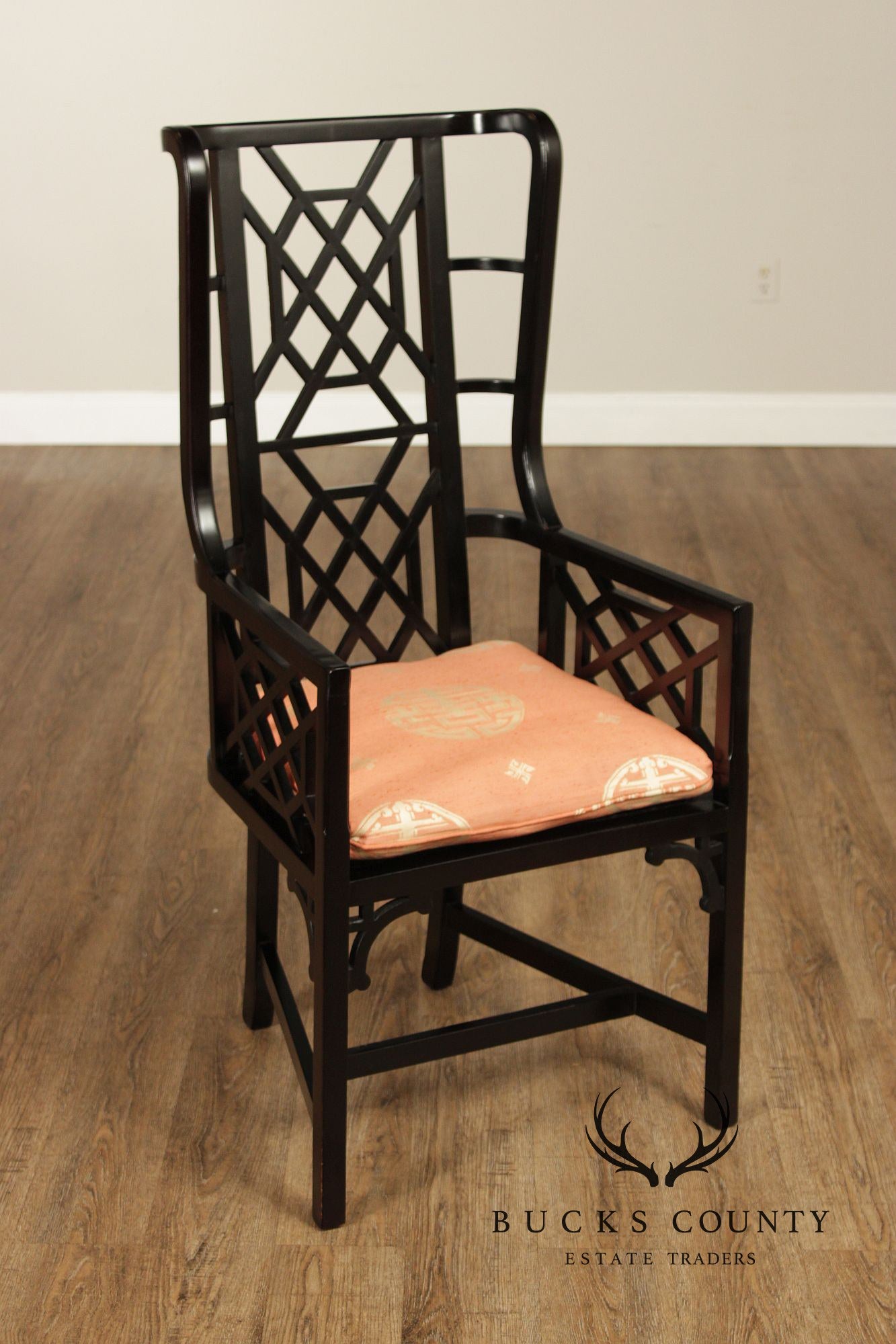 Chinese Chippendale Style Pair of Black Lacquer Armchairs