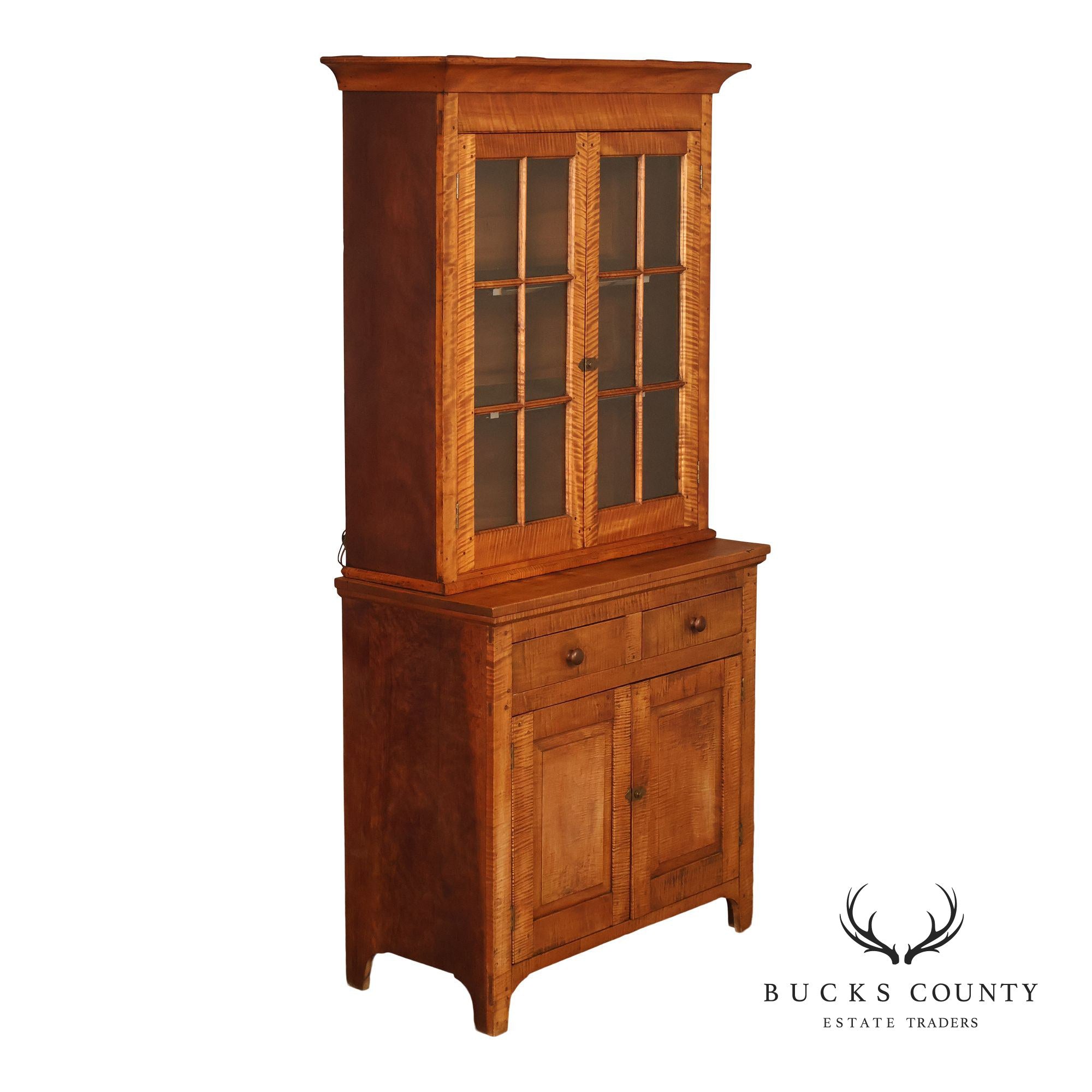 Bench Made Tiger Maple And Cherry Two Piece Stepback Hutch Cabinet
