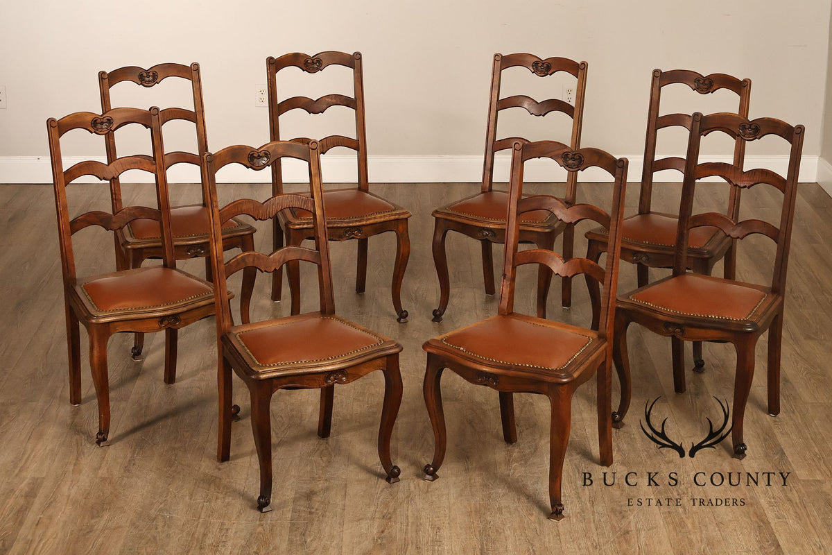 French Country Antique Set Of Eight Walnut And Leather Ladder Back Dining Chairs