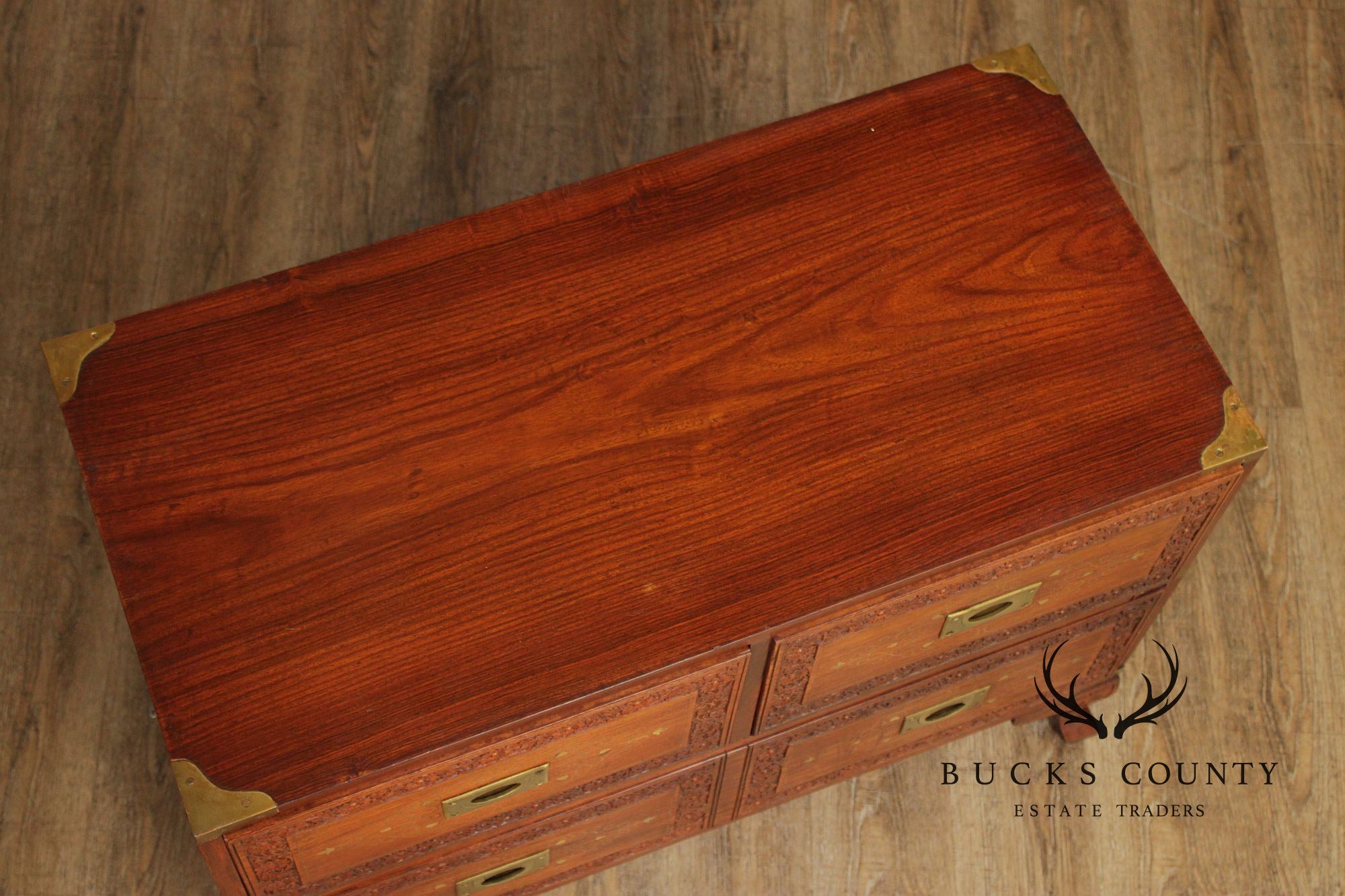 Brass Inlaid And Carved Teak Four Drawer Campaign Chest