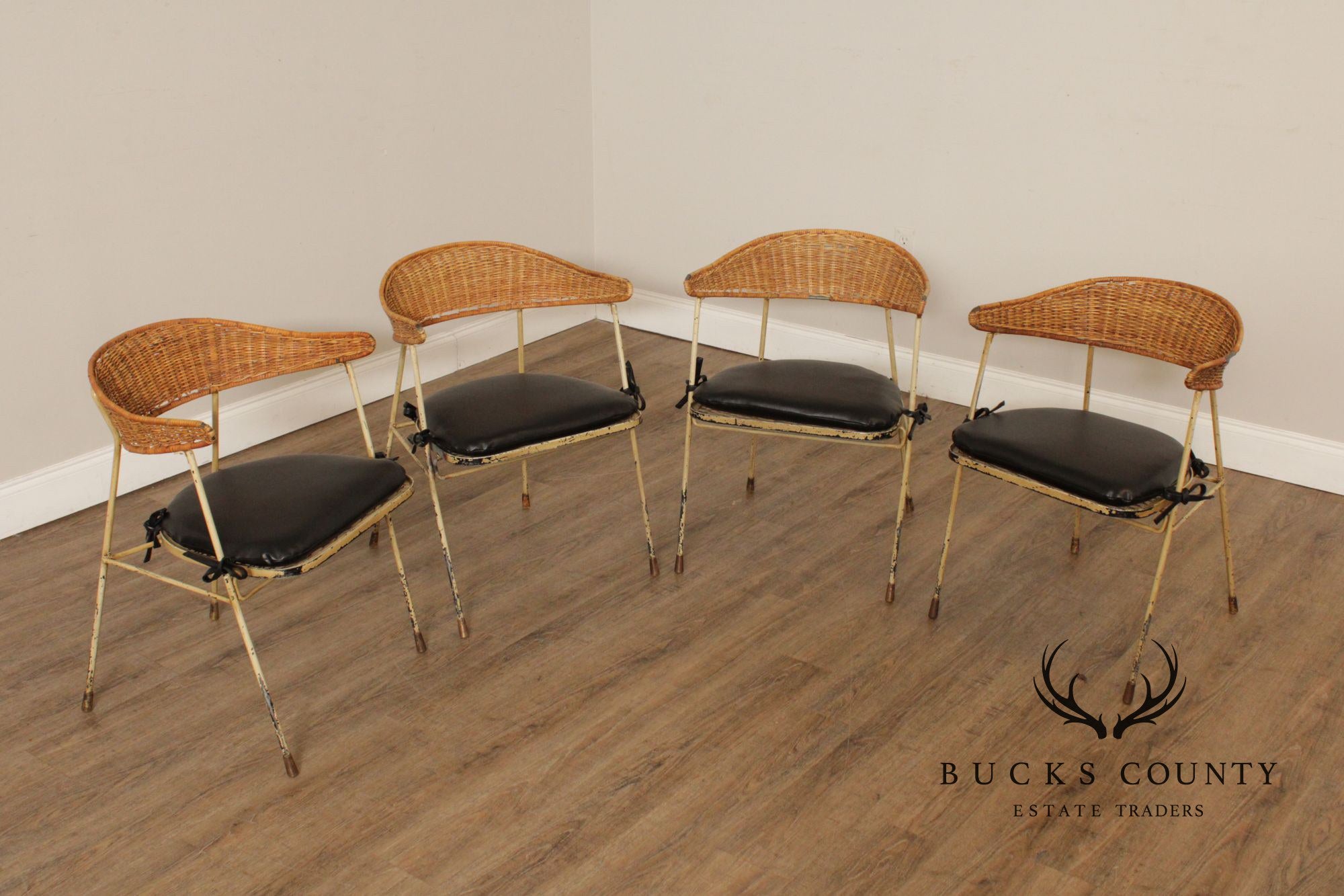 Salterini Mid Century Modern Set of Four Wicker And Iron Side Chairs