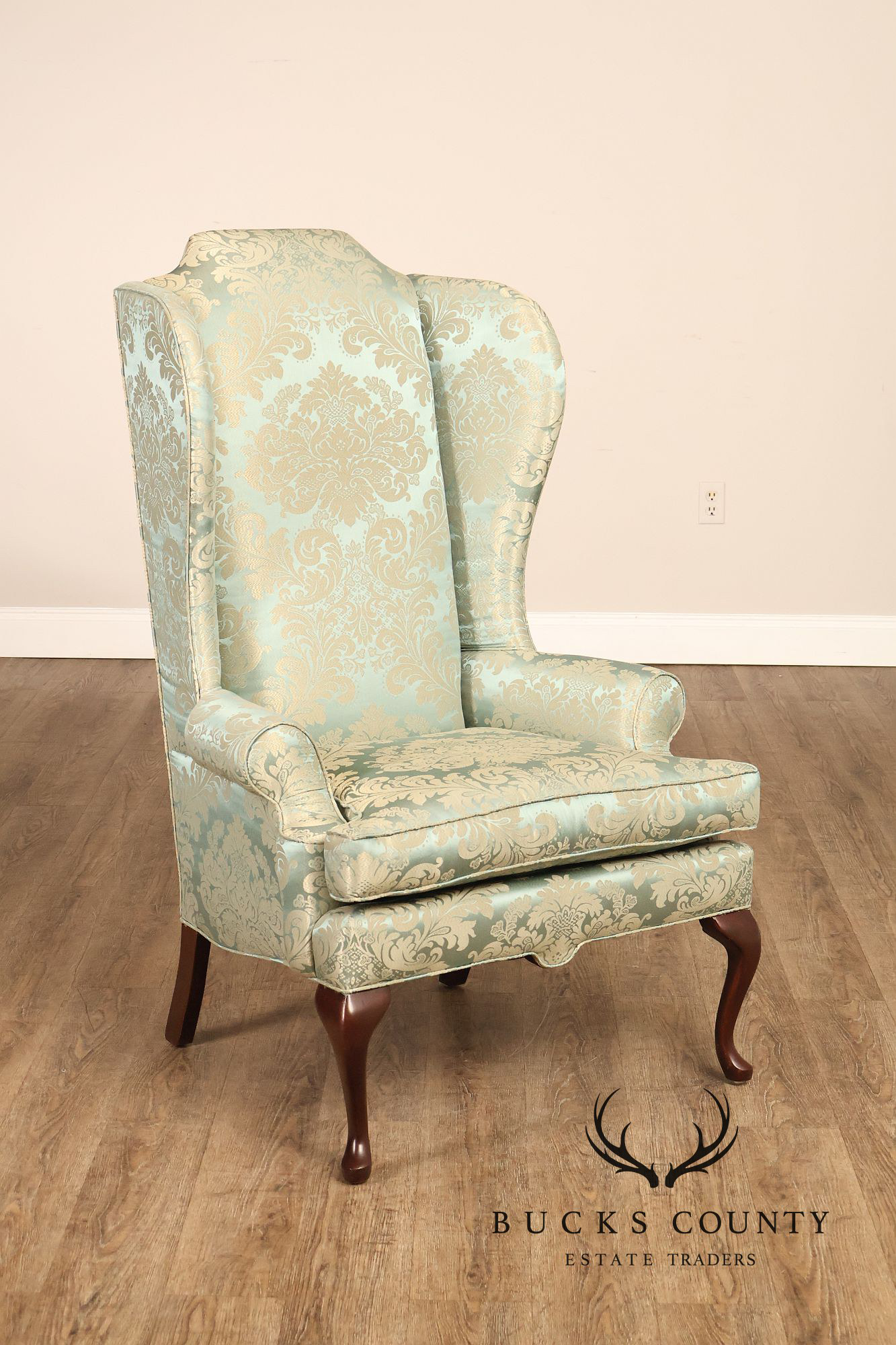 Quality Vintage Pair Of High Back Damask Upholstered Wing Chairs