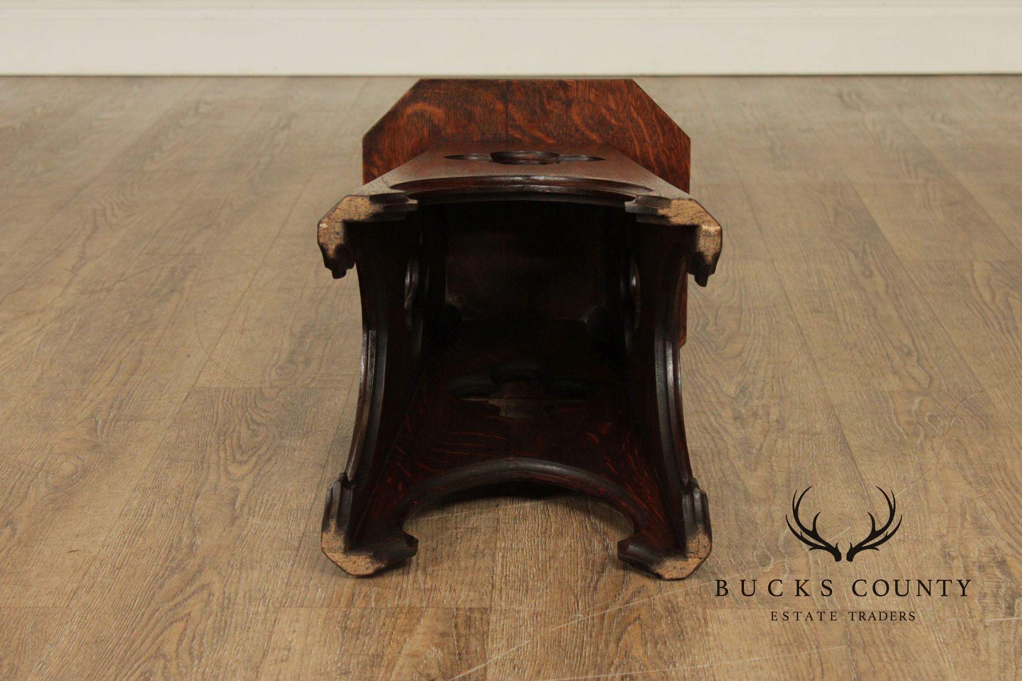 Arts and Crafts Antique Pair of Oak Cut-Out Taboret Side Tables