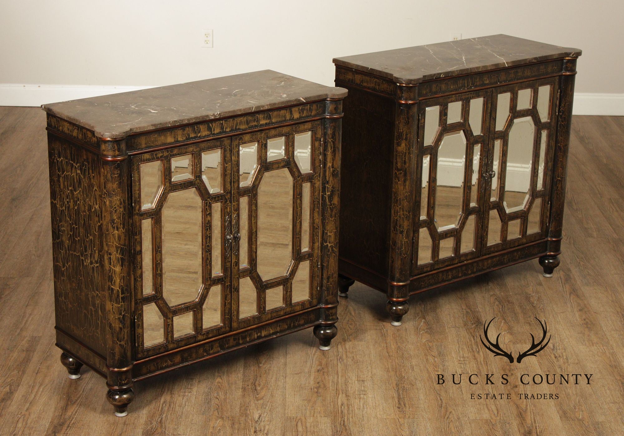 Hollywood Regency Style Pair Of Mirrored Cabinets With Marble Tops