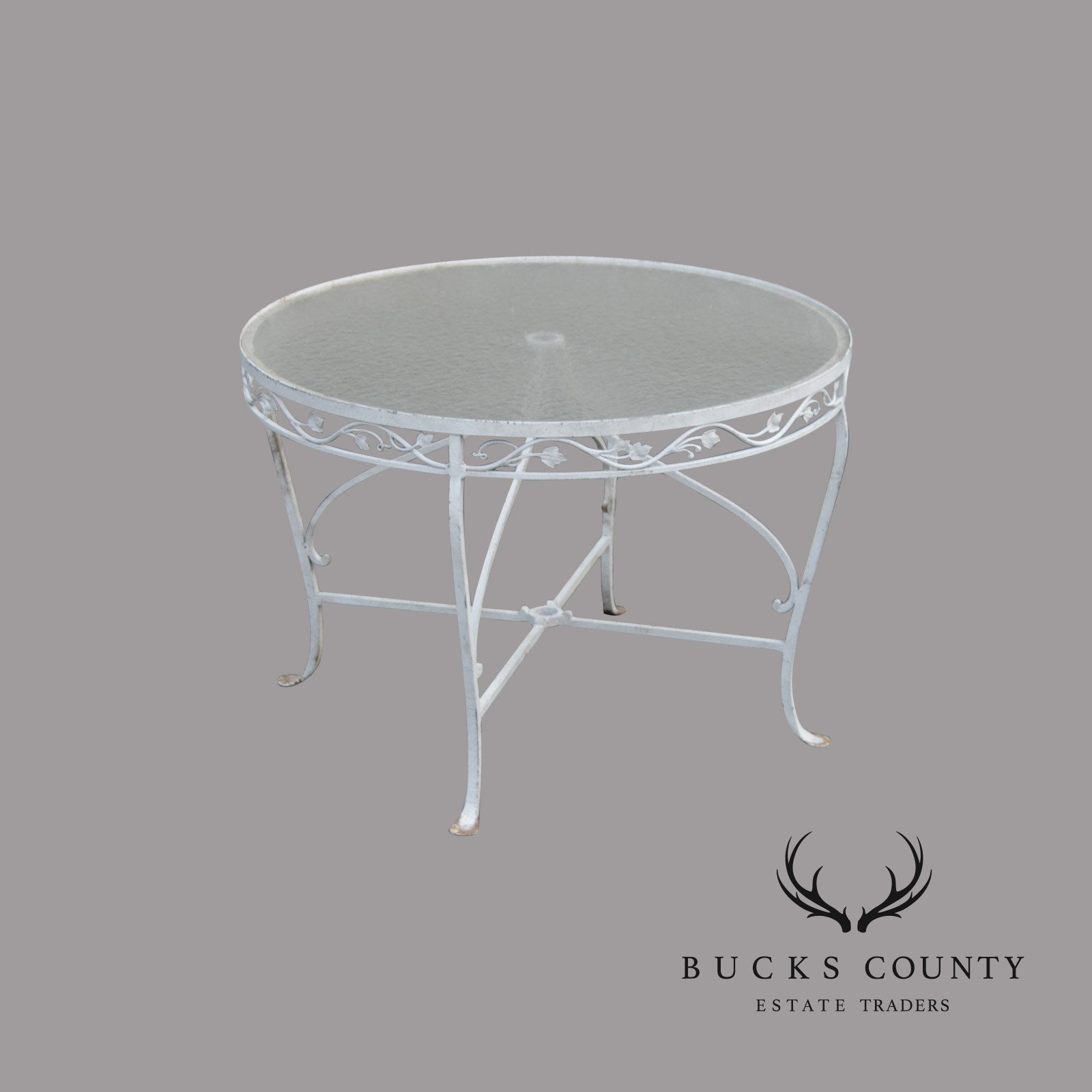 Vintage Round Glass Top Wrought Iron Outdoor Patio Dining Table