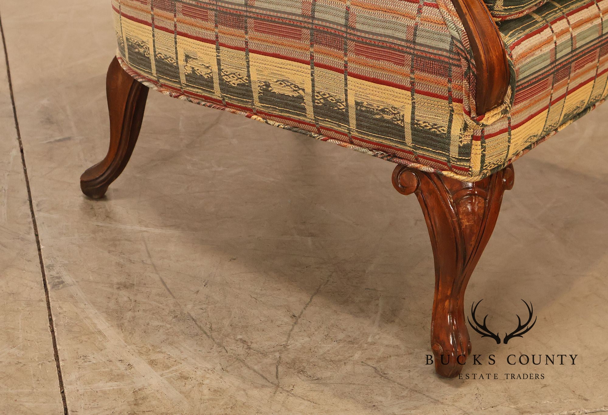 Vintage Channel Back Carved Frame Wingback Armchair