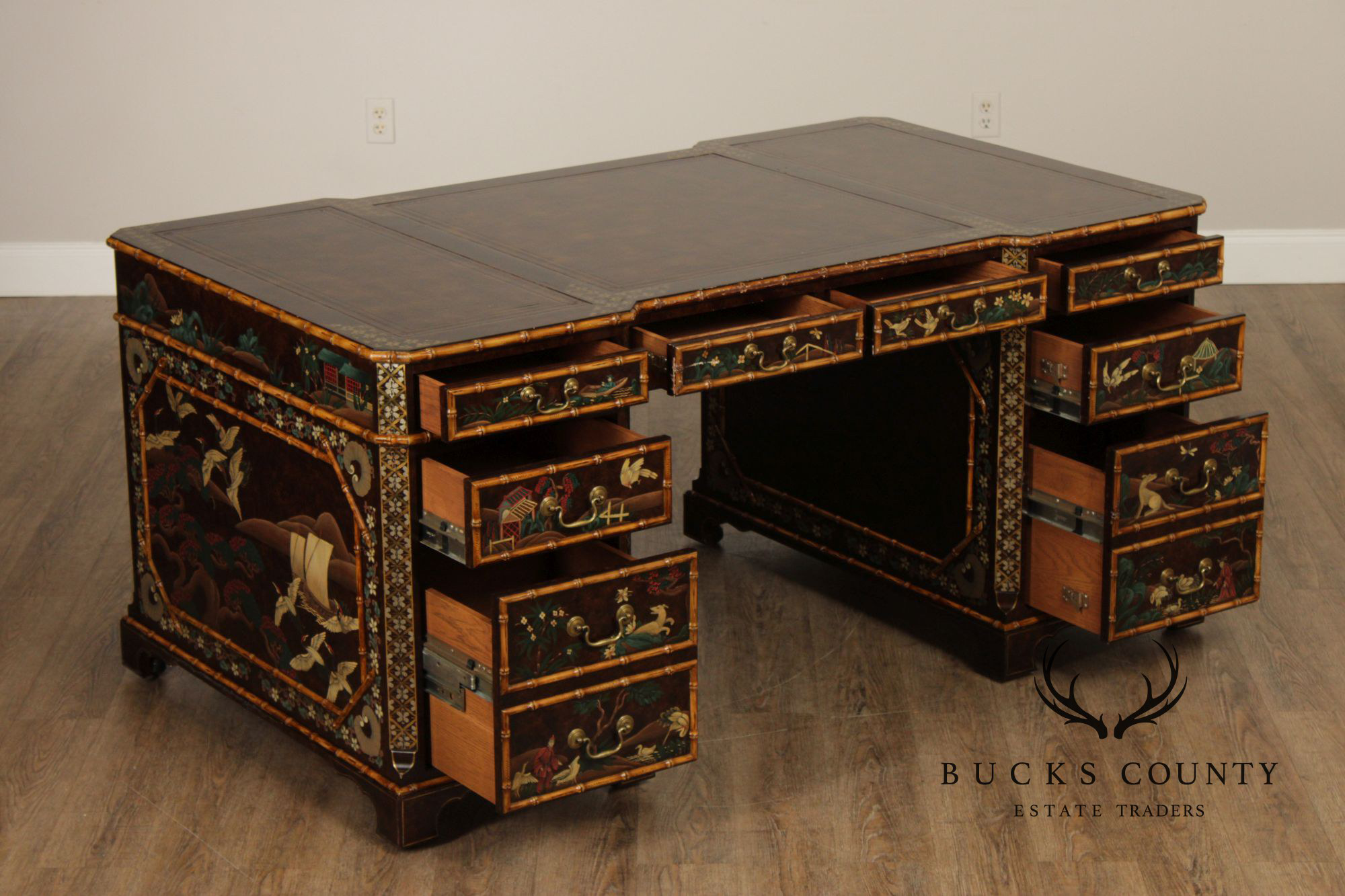 John Widdicomb Chinoiserie Leather Top Executive Partner's Desk