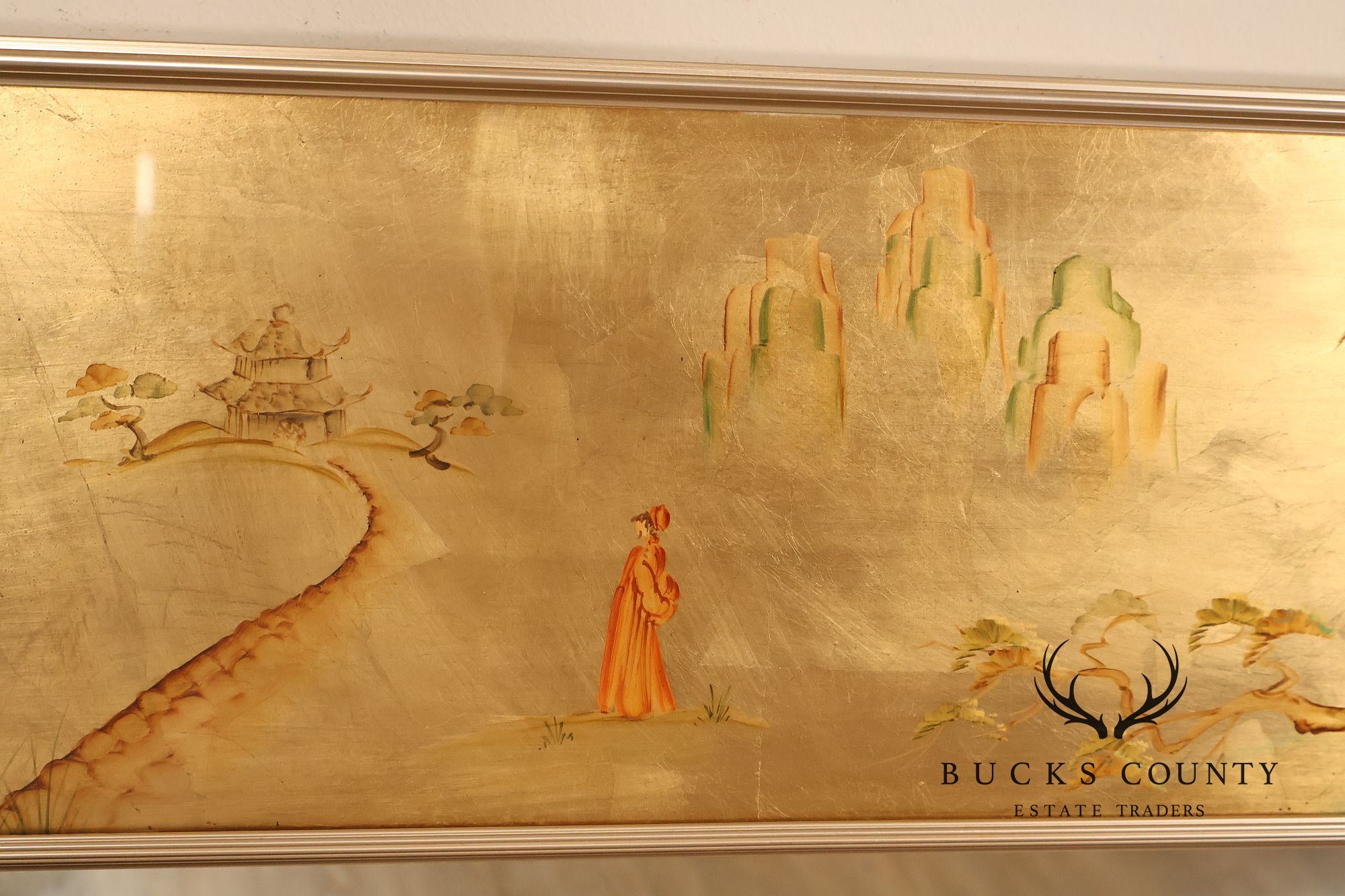 LaBarge Chinoiserie Eglomise Brass Wall Mirror