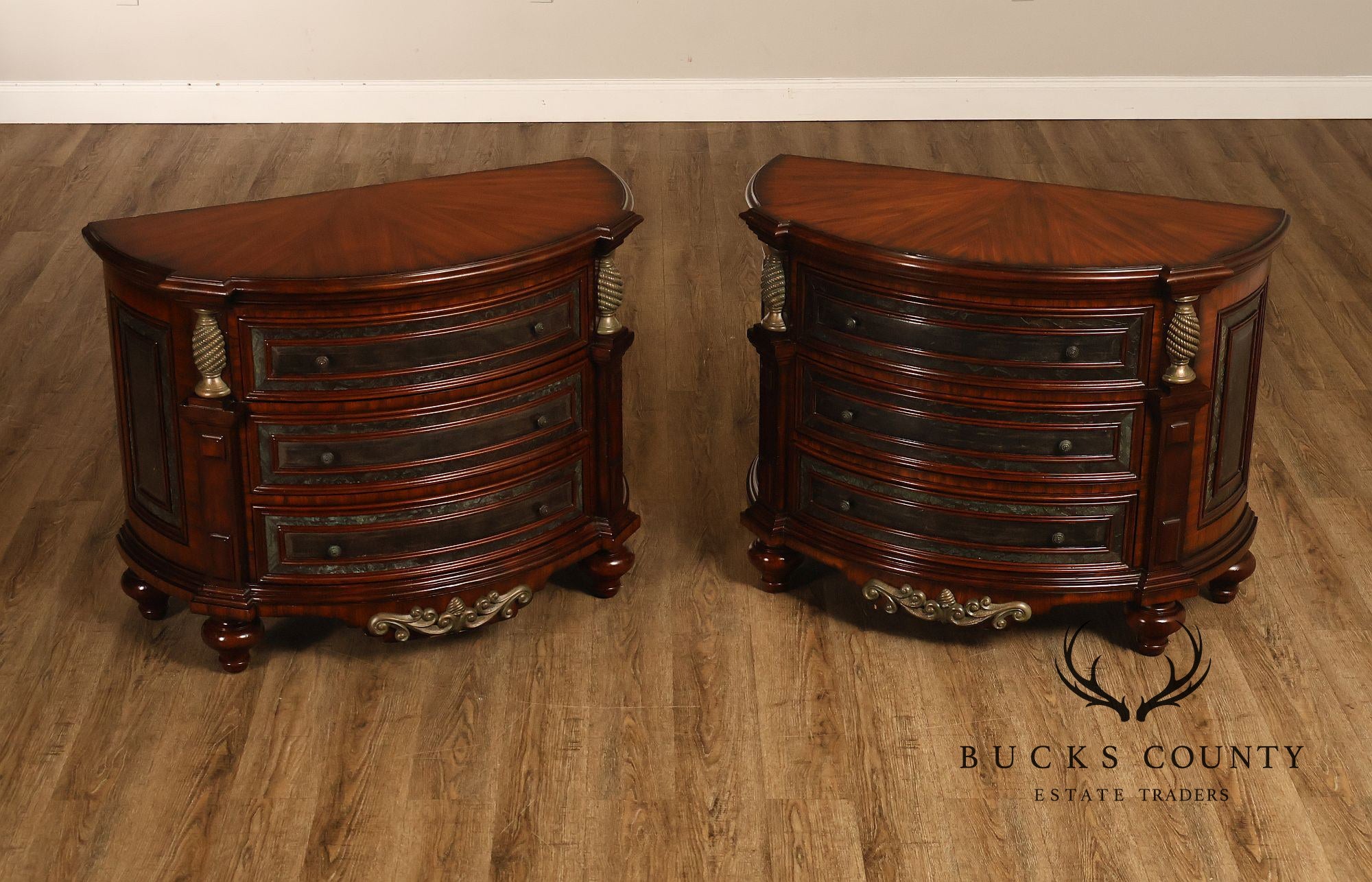 Maitland-Smith Pair Of Mahogany Three Drawer Chest Nightstands