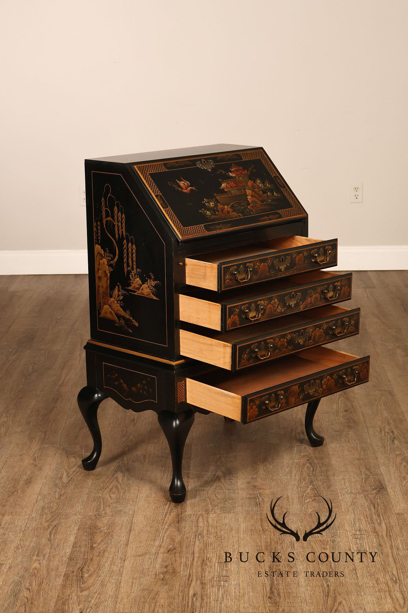 Queen Anne Style Chinoiserie Slant Front Writing Desk
