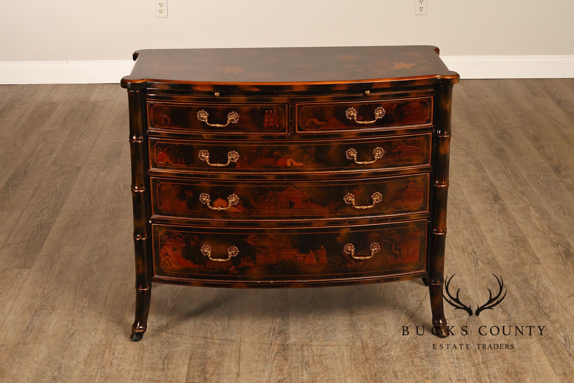 Maitland Smith Chinoiserie Bow Front Chest of Drawers