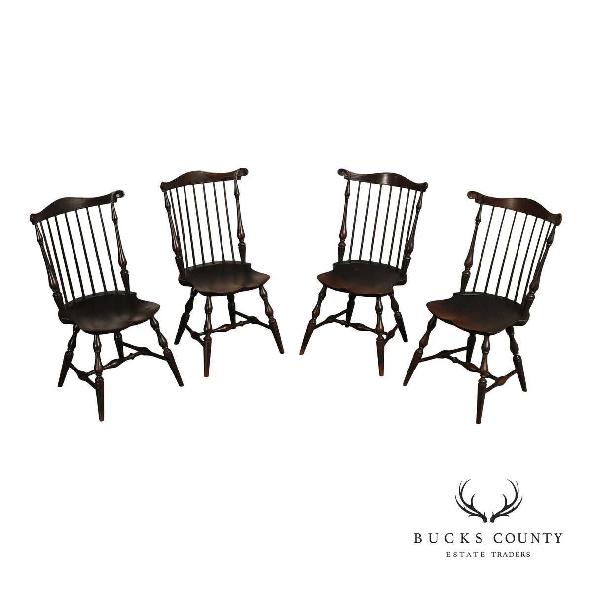 Custom Set Of Four Black Over Red Painted Fan Back Windsor Dining Chairs