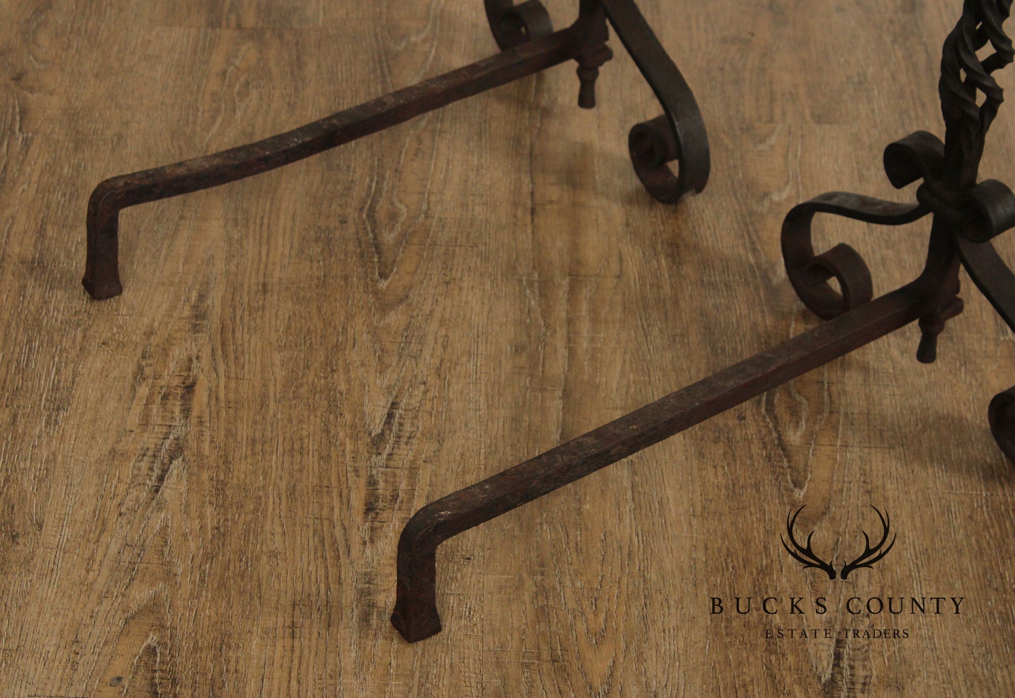 Antique Arts & Crafts Pair of Wrought Iron Fireplace Andirons