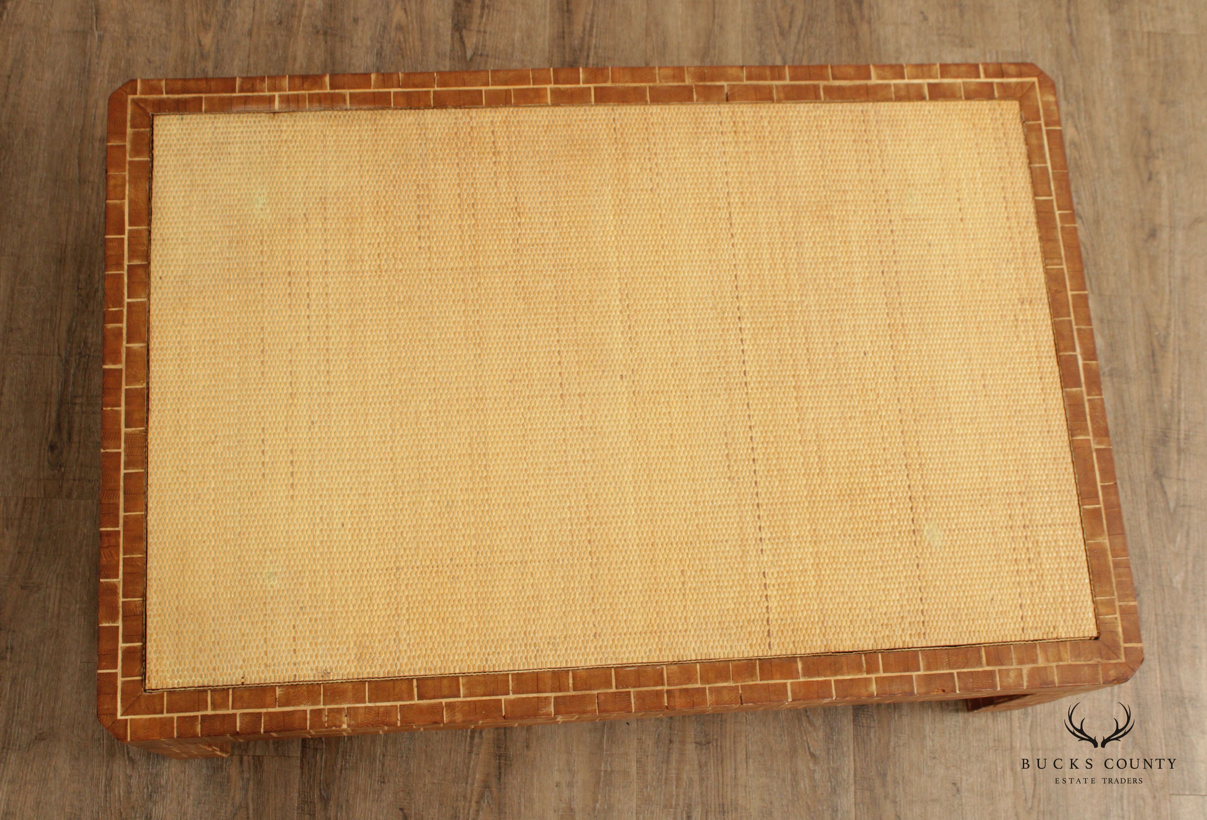 Mid Century Modern Wooden Block Carved Tile Parsons Coffee Table with Wicker Top
