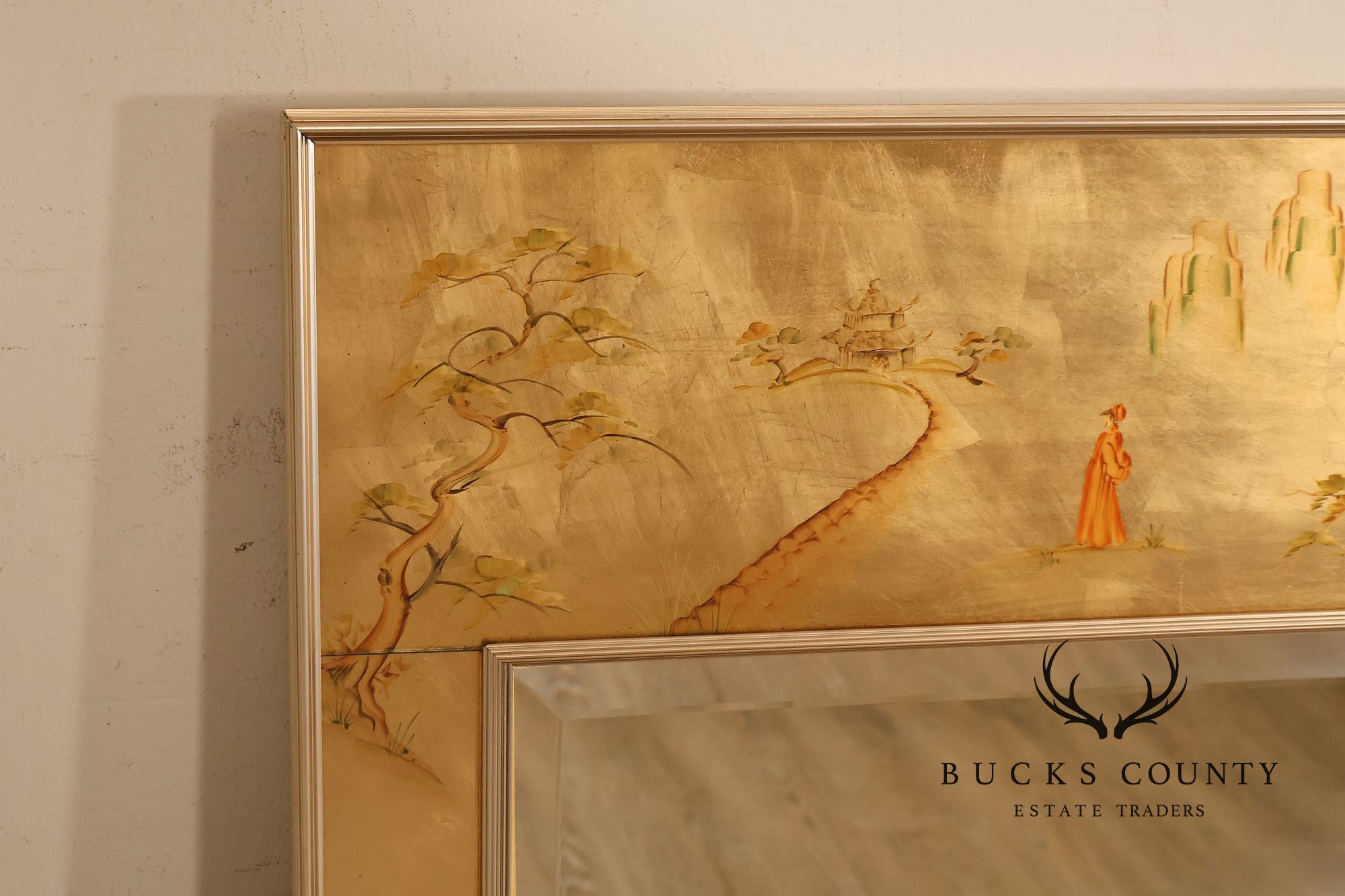 LaBarge Chinoiserie Eglomise Brass Wall Mirror