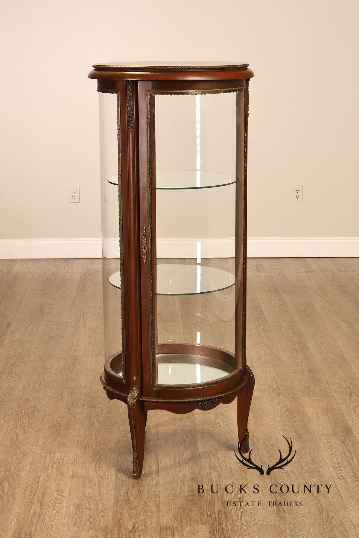 French Louis XV Style Mahogany Curved Glass Display Curio Cabinet