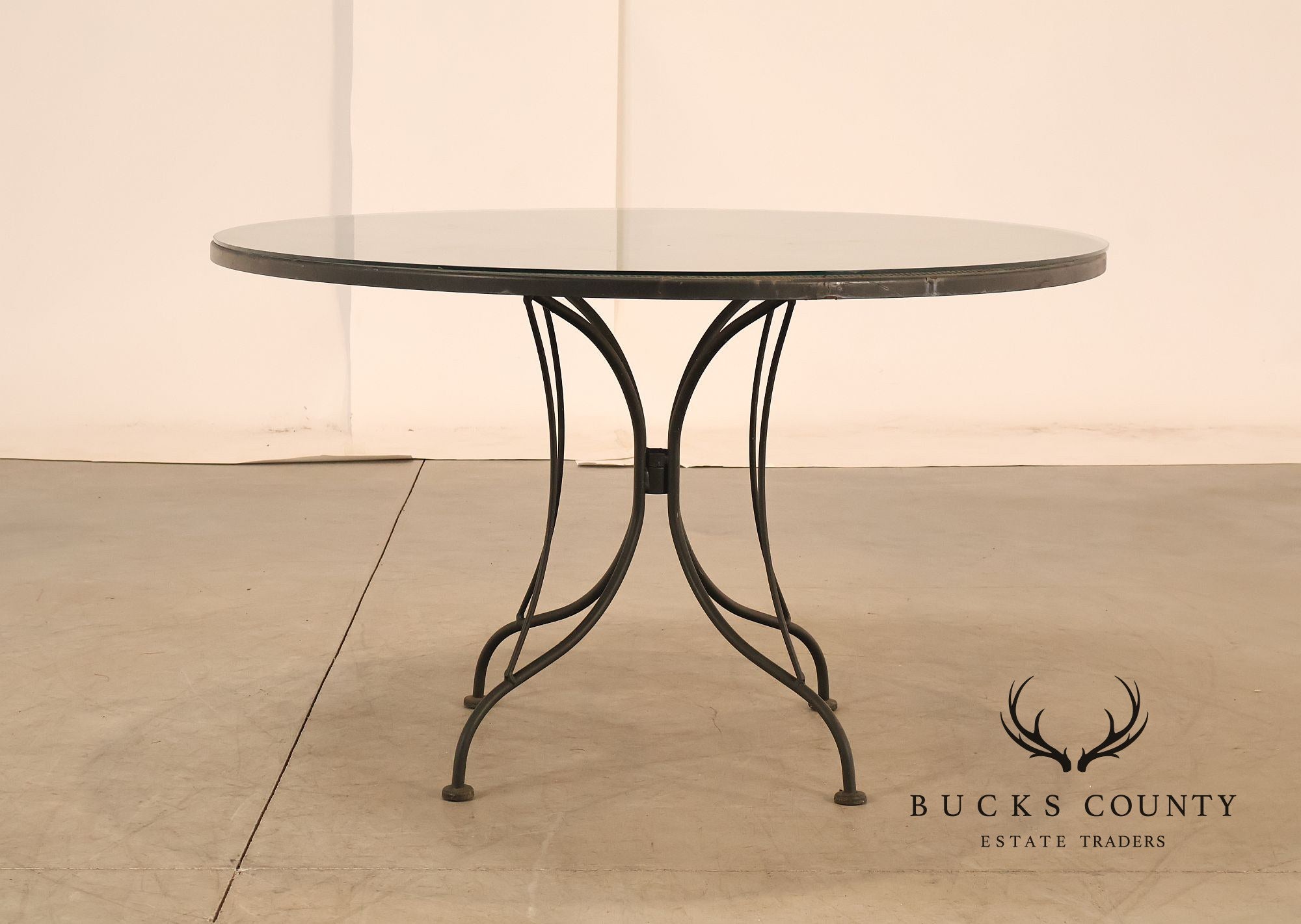 Vintage Round Glass Top Wrought Iron Outdoor Patio Dining Table