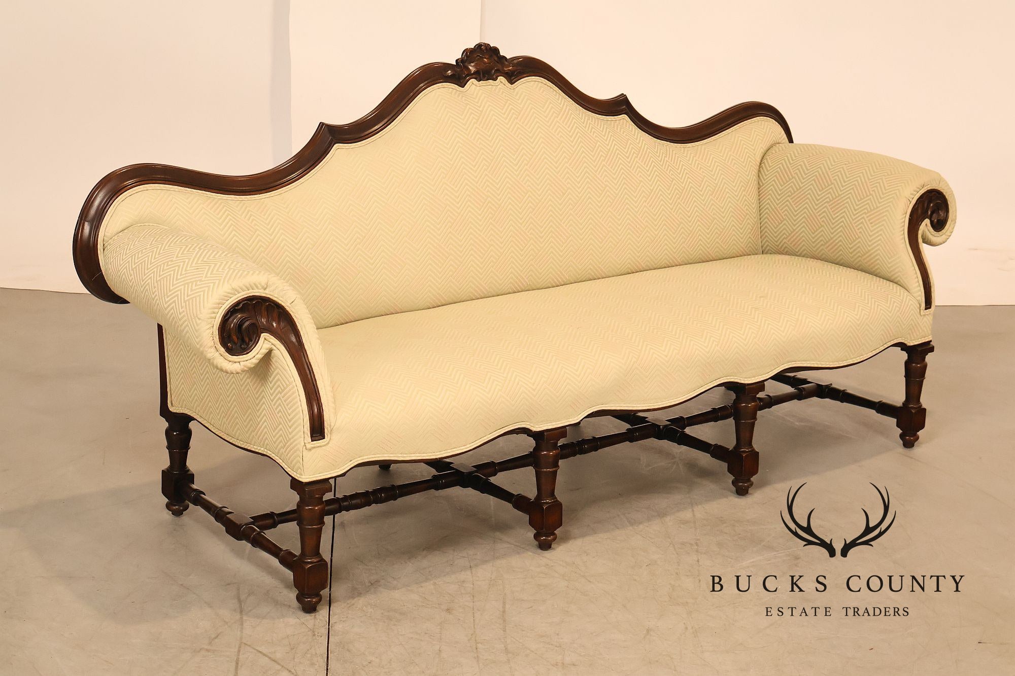 Antique Italian Rococo Carved Walnut Frame Long Sofa