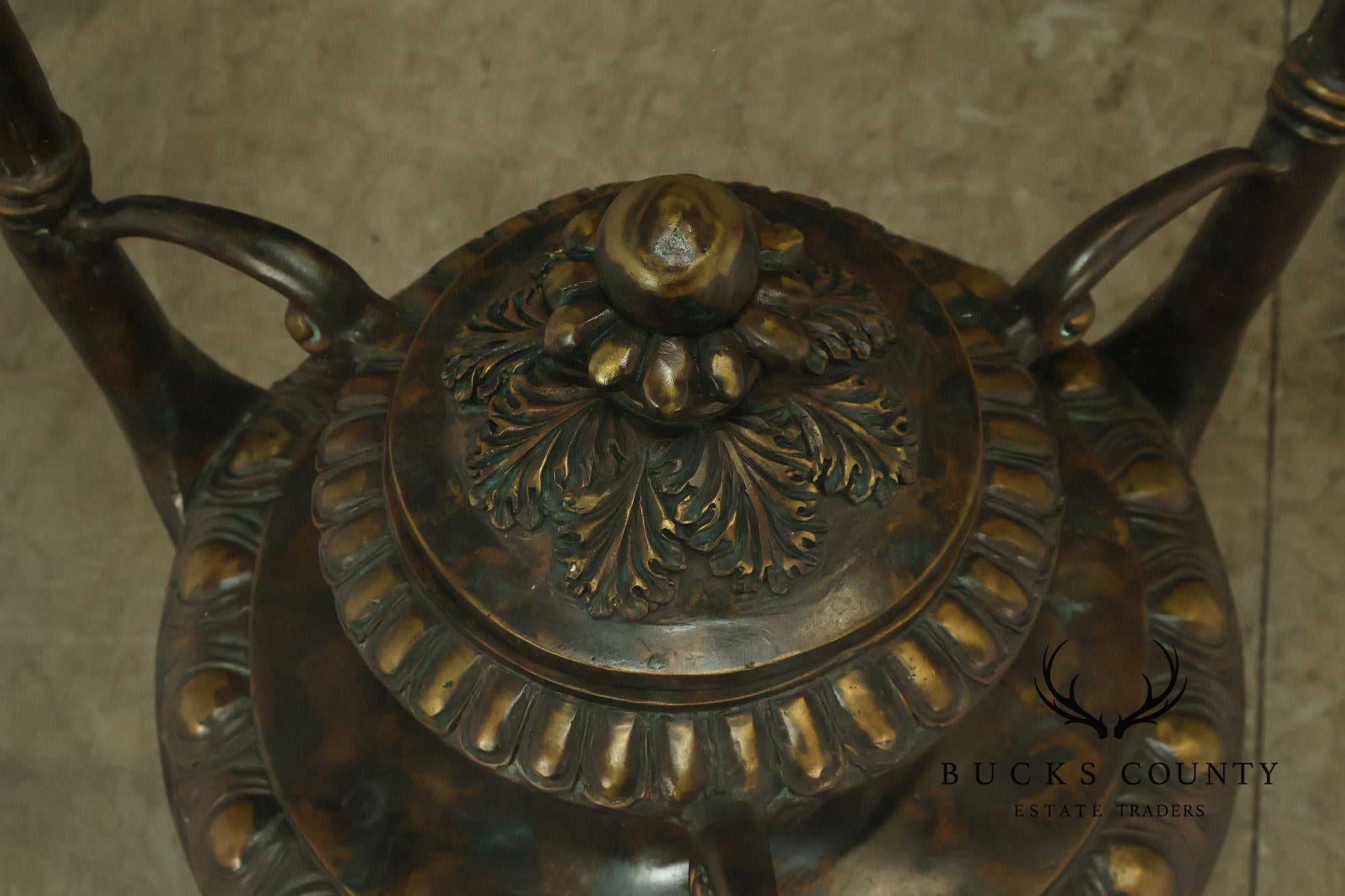 Monumental Brass Urn Form Double Pedestal Glass Top Dining Table