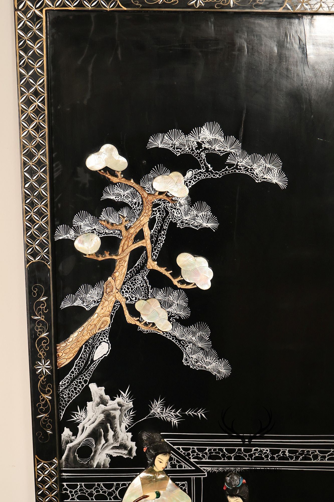 Asian Black Lacquer Vintage Pair Of Four Panel Folding Screens With Mother Of Pearl Inlay