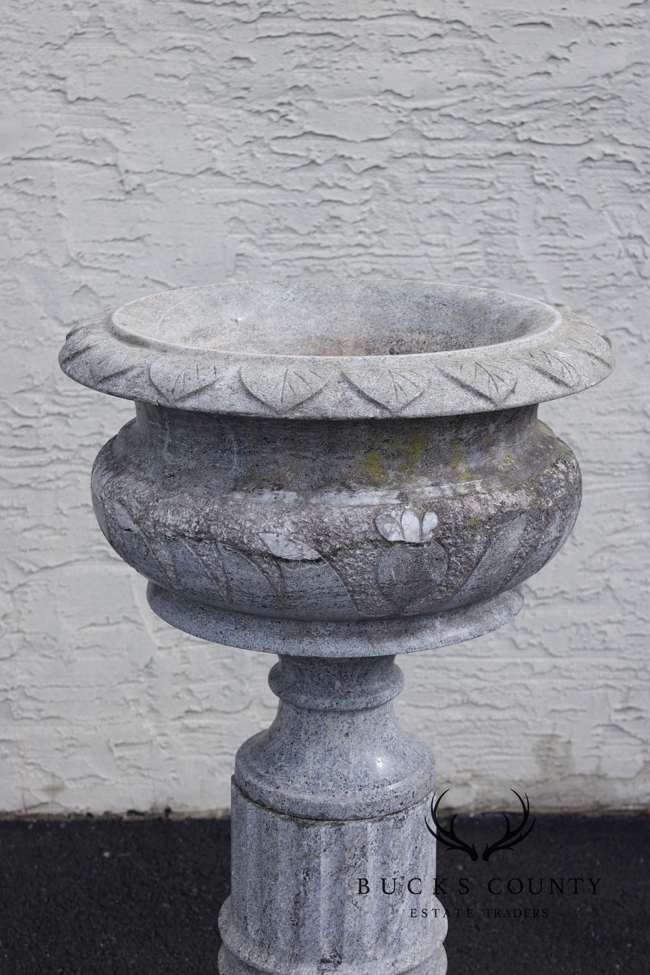 Vintage Pair Of Carved Granite Three-Piece Garden Urns On Pedestals