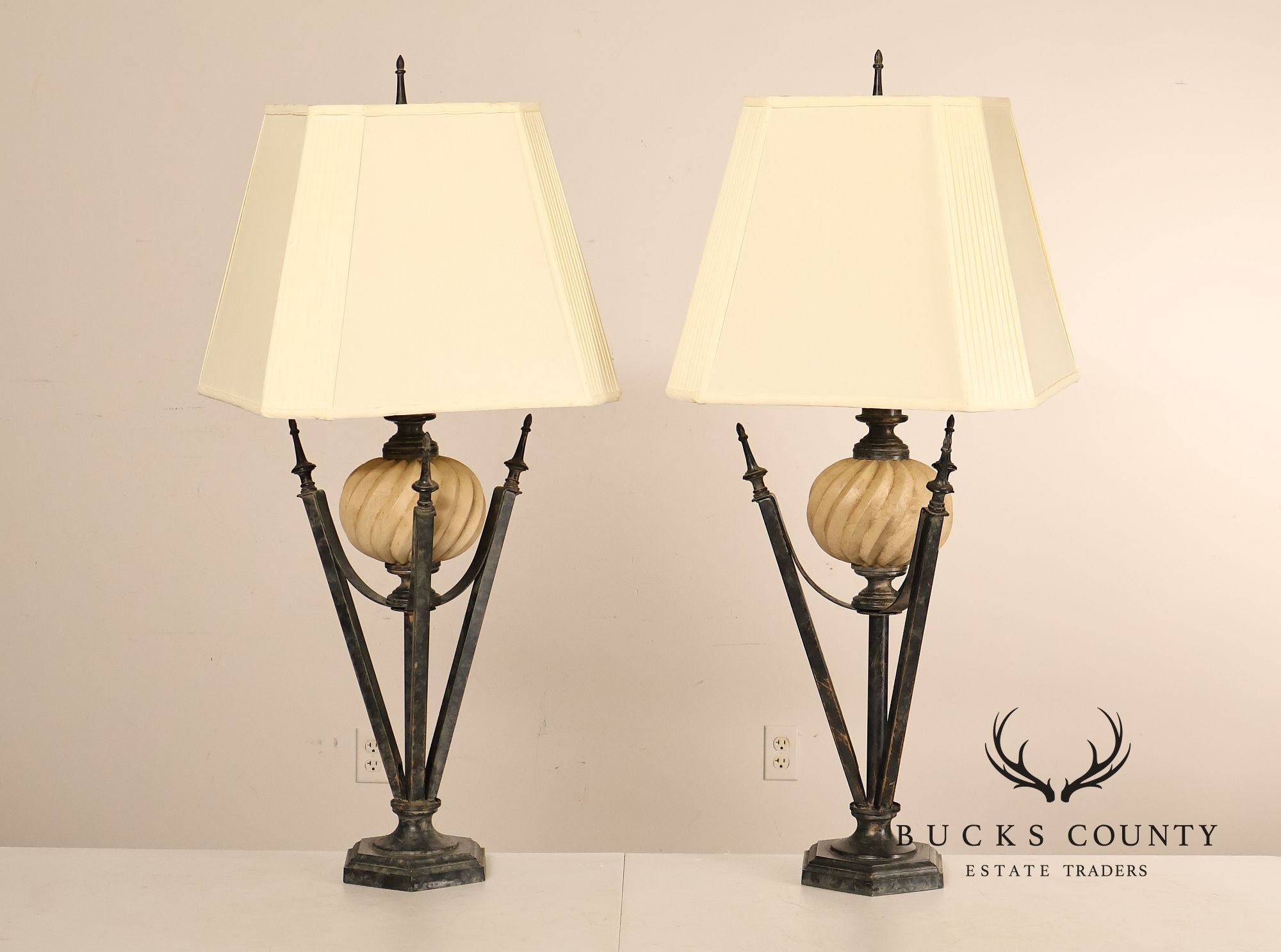 Neoclassical Style Pair Of Table Lamps With Carved Orb And Metal Base