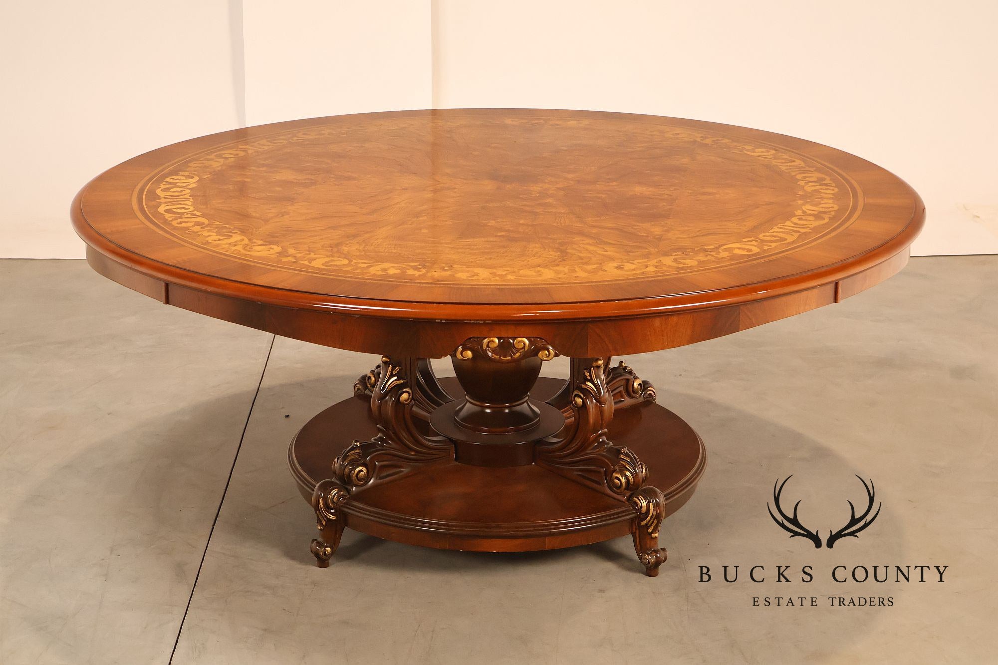 Italian 72" Round Inlaid Burl Wood Dining Table With Lazy Susan