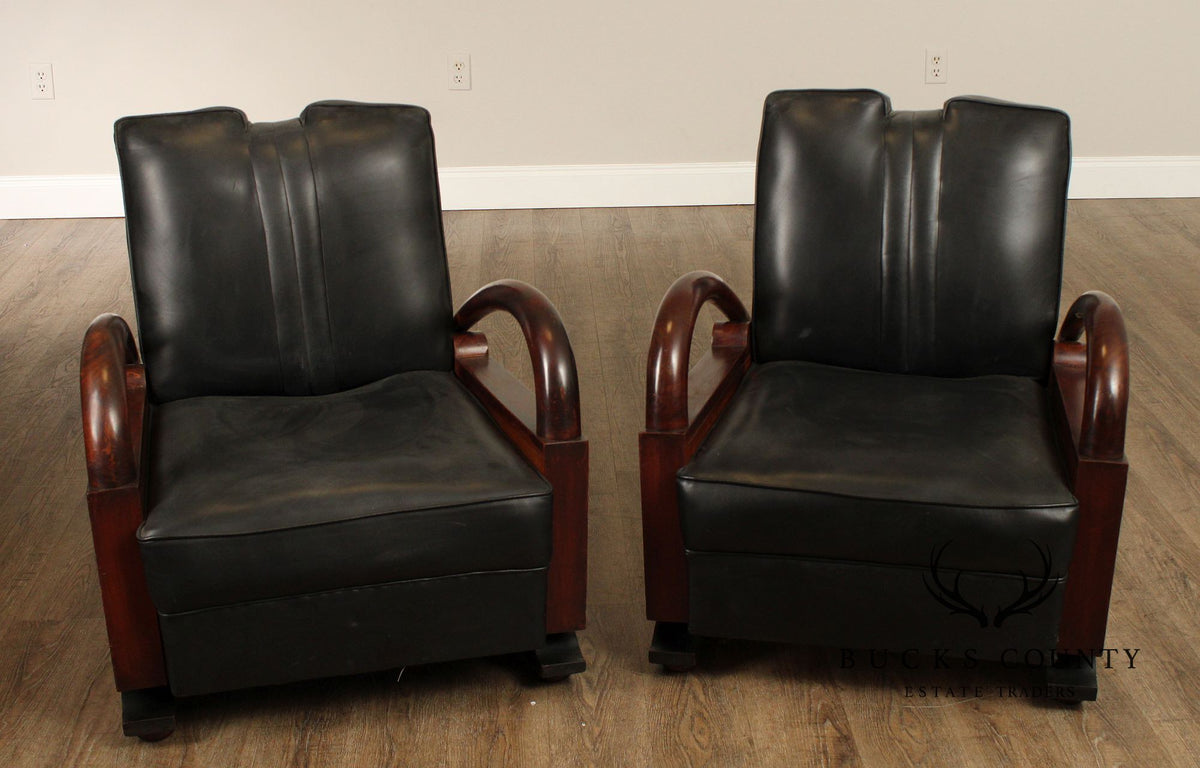 Art Deco Pair Of Streamline Moderne Rosewood And Black Leather Lounge Chairs