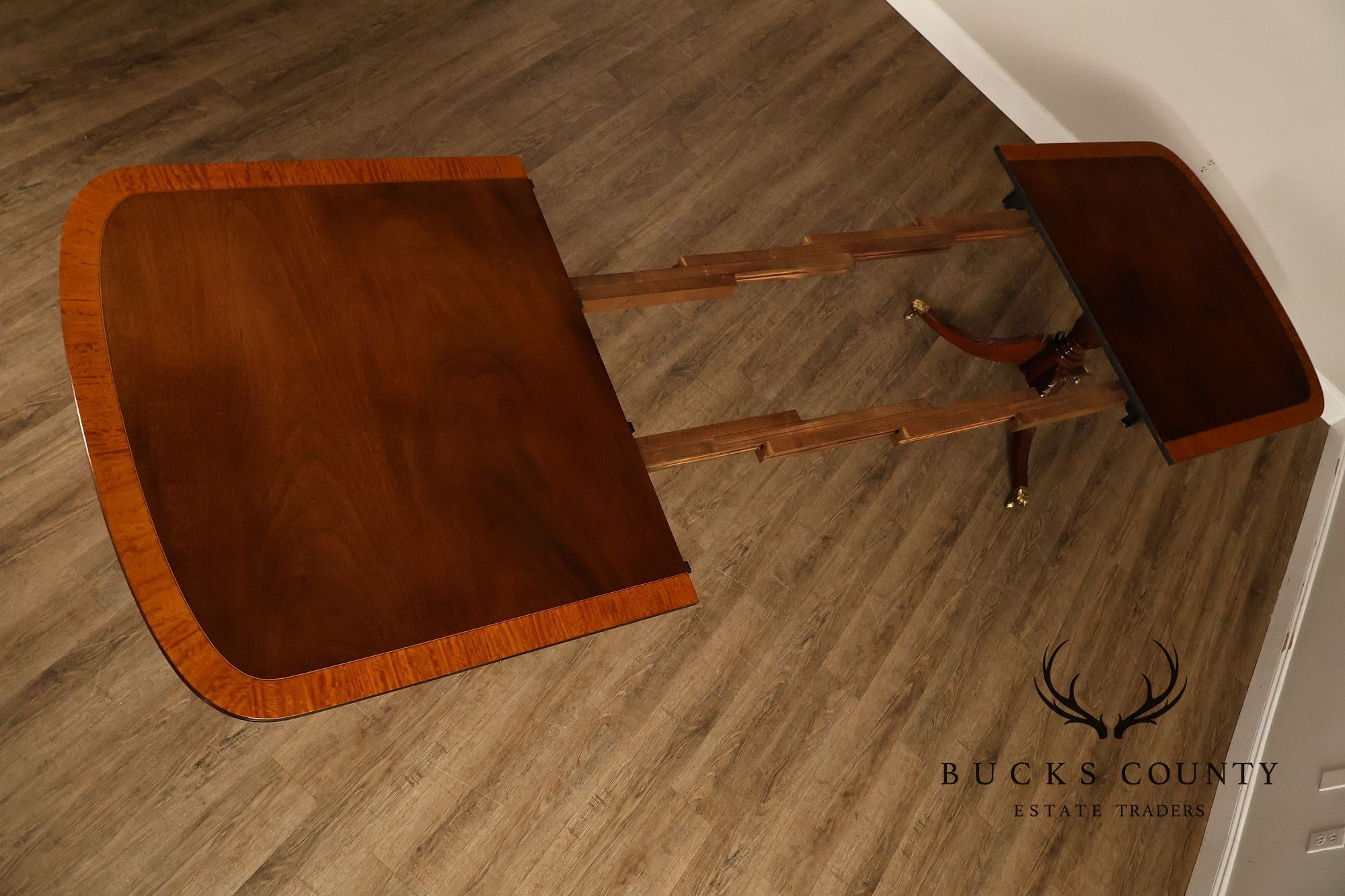 Federal Style Vintage Banded Mahogany Double Pedestal Dining Table