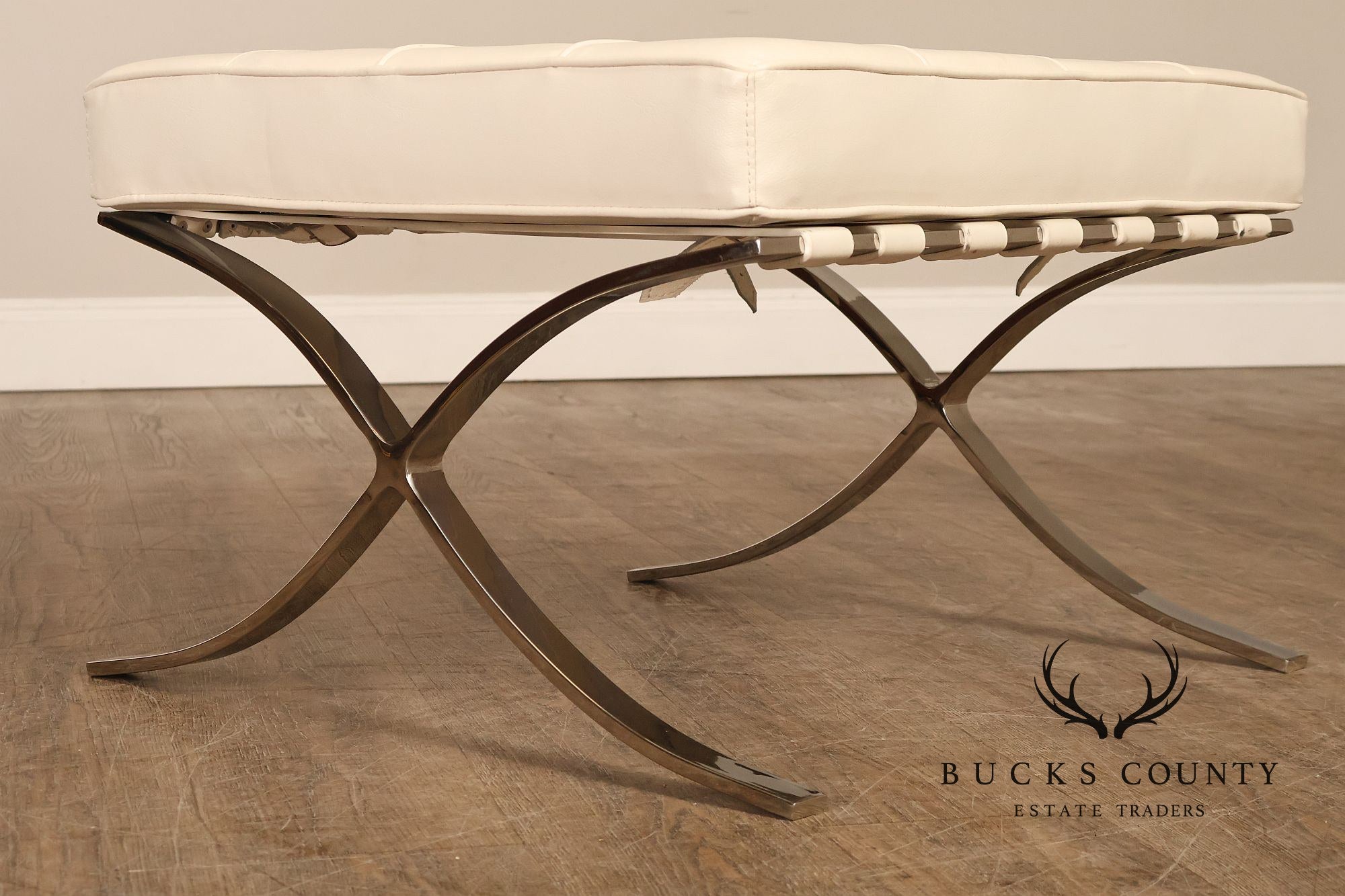 White Barcelona Style Pair Of Leather Stools With Chrome Bases