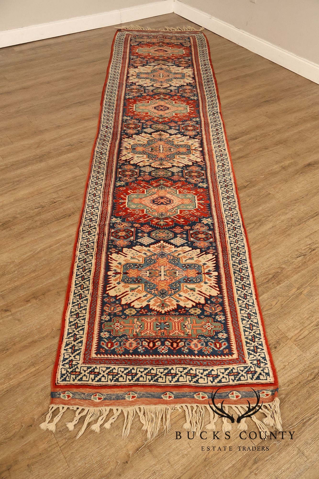 Vintage Hand Tied Wool Kazak Tribal Long Runner Rug