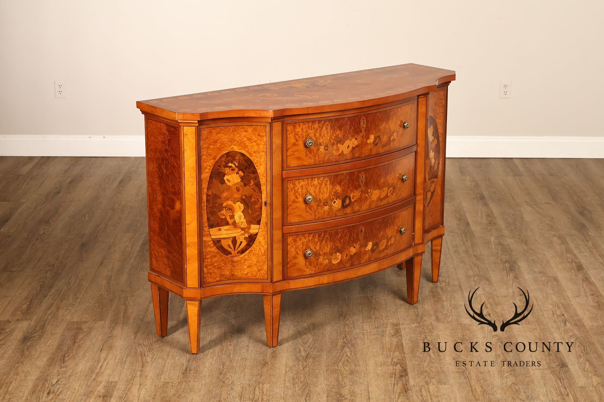 Italian Neoclassical Style Pair of Burl Wood Inlaid Sideboards