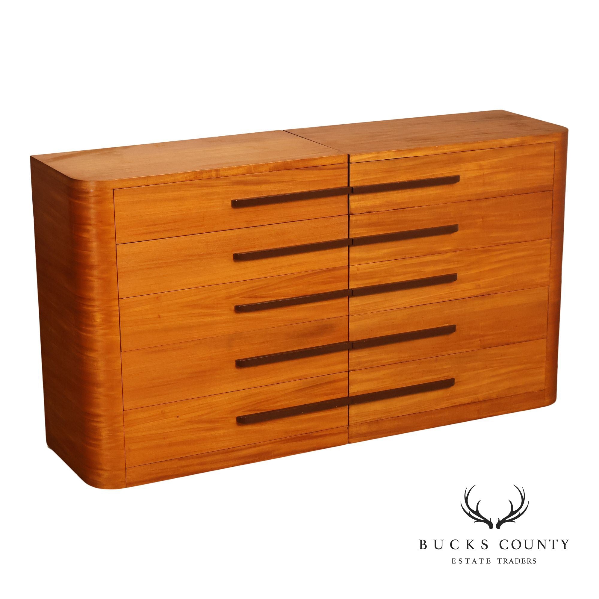 Donald Deskey Attributed 1930s Art Deco Streamlined Pair Of Five Drawer Chests
