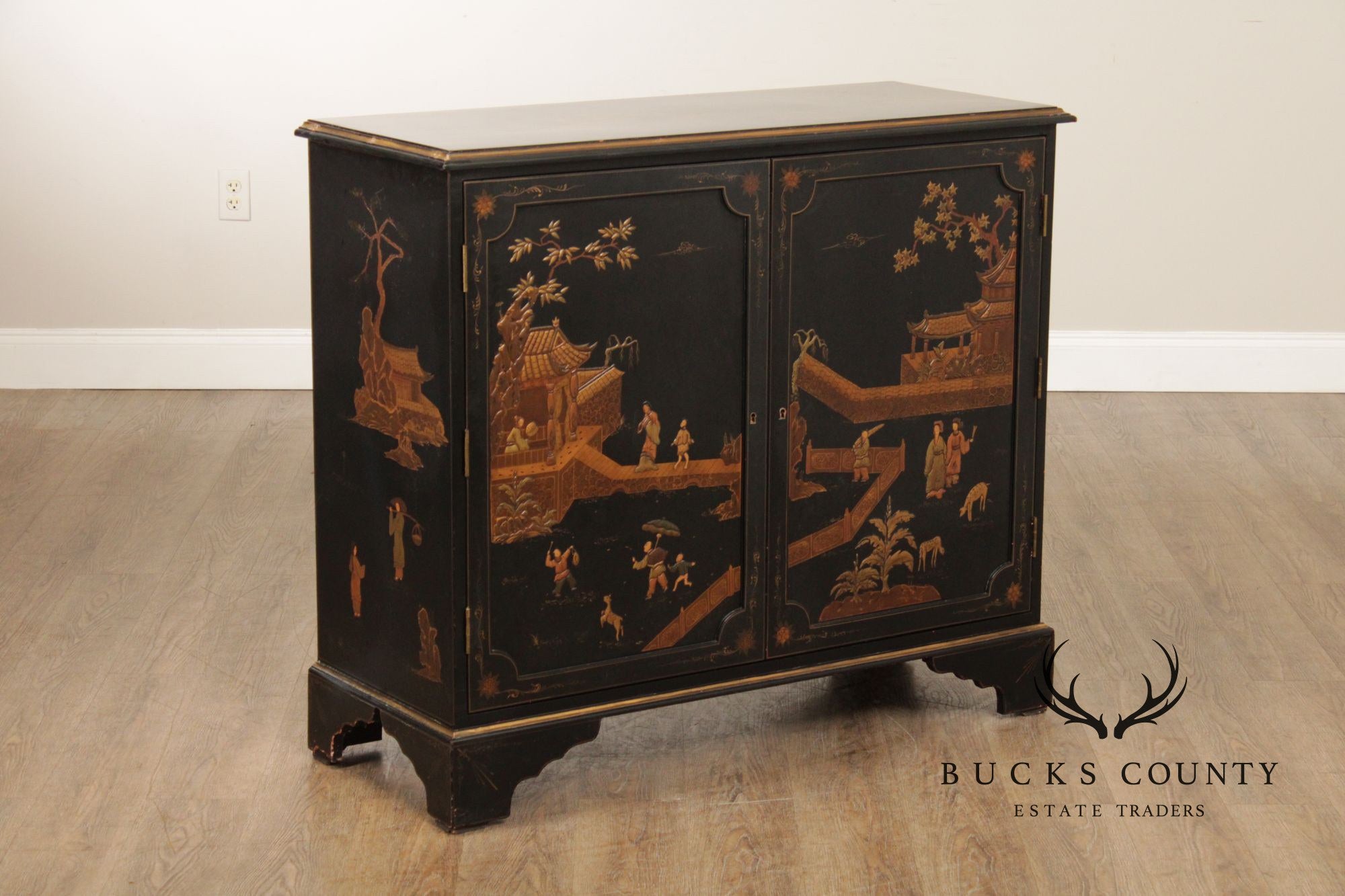 Georgian Furnishing Co. Pair Of Black Lacquer Chinoiserie Cabinets